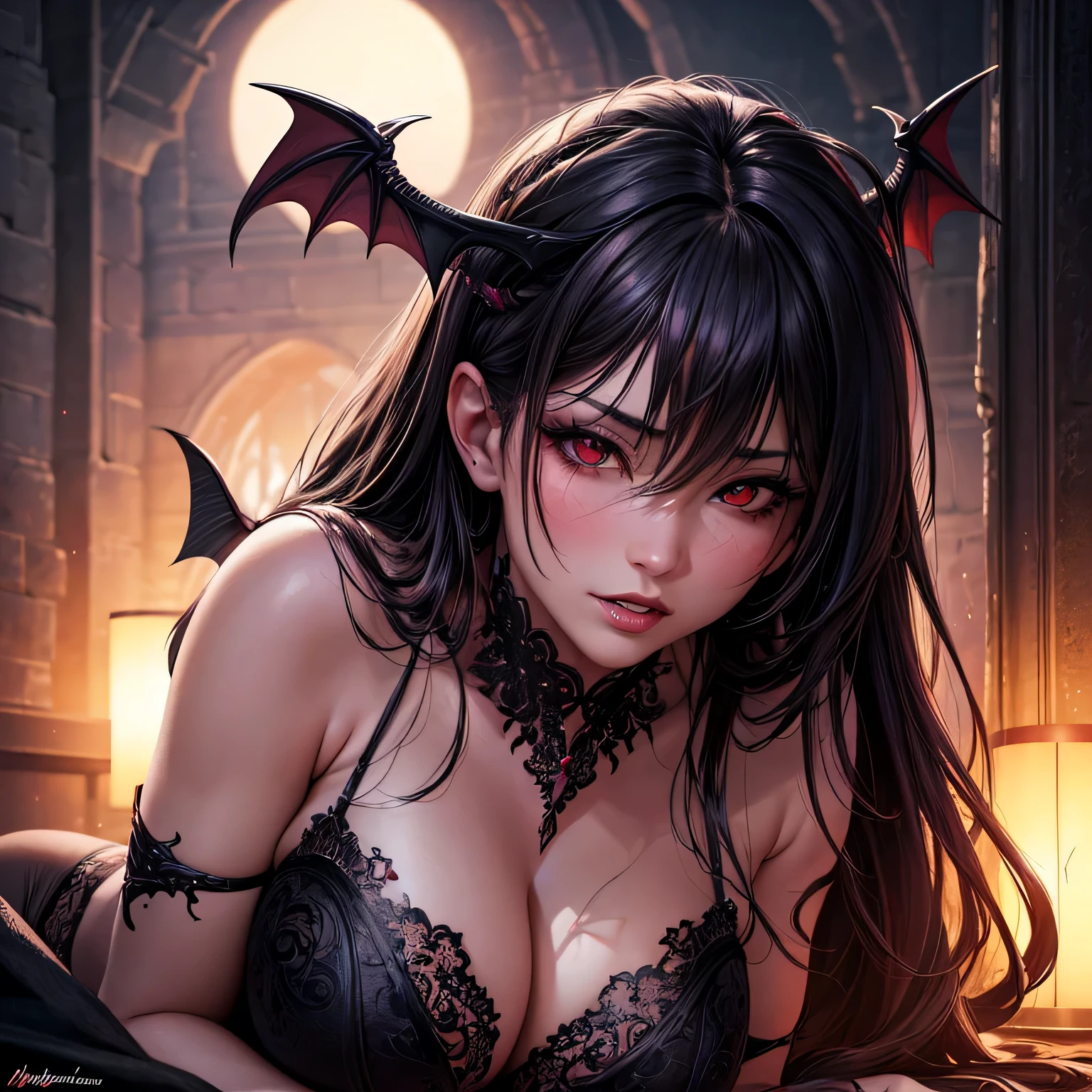 (best quality,highres,masterpiece:1.2),ultra-detailed,(realistic,photorealistic,photo-realistic:1.37),topless succubus,flushed face,heated sexual passion,erotic,lewd,cute,tempting gaze,seductive lips,sensual curves,dark,nighttime atmosphere,glowing red eyes,sharp claws,mysterious,alluring,subtle smoke,velvet skin,delicate wings,demonic features,temptation,desire,unleashed power,black lace lingerie,mystical aura,tantalizing charm,provocative pose,moonlit garden,erotic art,narrative composition,luxurious bedroom,passionate desire,erotic secrets,boundless sensuality,colorful tattoo,submissive,erotic fantasy
