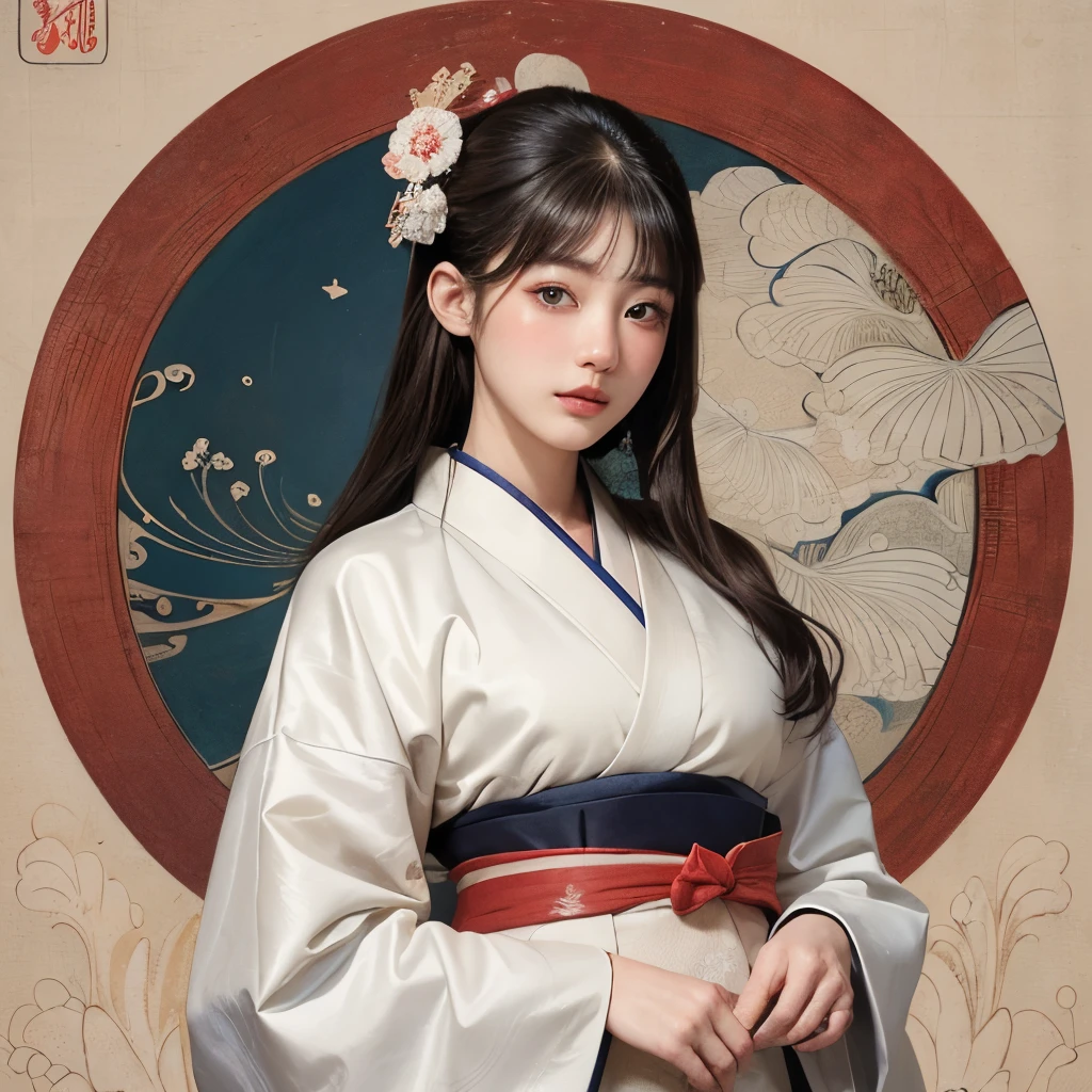 (Masseter membrane、top quality、Ukiyo-e style、mystery、Exquisite beauty、official art、Sharaku:1.2)、(1 girl:1.3)、(Fractal Art:1.3)、Cowboy shooting、White skin、(Beautiful brunette、kimono:1.2)、Set against the backdrop of traditional Japanese performing arts、Colorful、(reel、Belongs to Japanese style:1.2)、