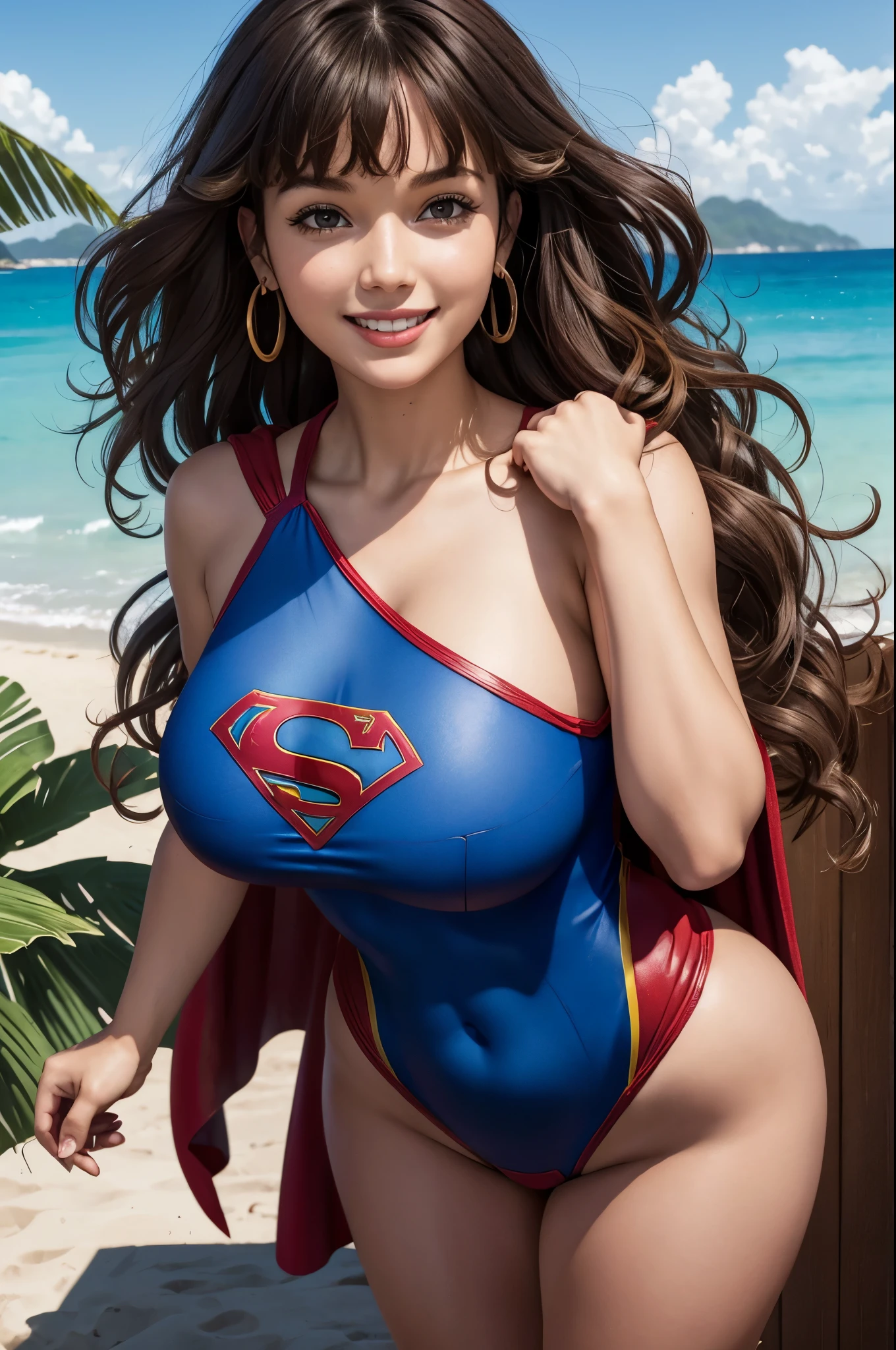 Supergirl, 27 years old, full body view, full body view, full body view, Beautiful woman shoulder length curly brunette hair, two side up with bangs, ringlets, shoulder length curly brunette hair with bangs, two side up, ringlets, shoulder length curly brunette hair with bangs, two side up, ringlets, defined body, (large_breasts:1.5) Red lipstick, smiling slightly, hands free, standing facing camera, (( blue red and yellow one piece swimsuit of Supergirl )), tropical beach daytime (curvy:1.2)