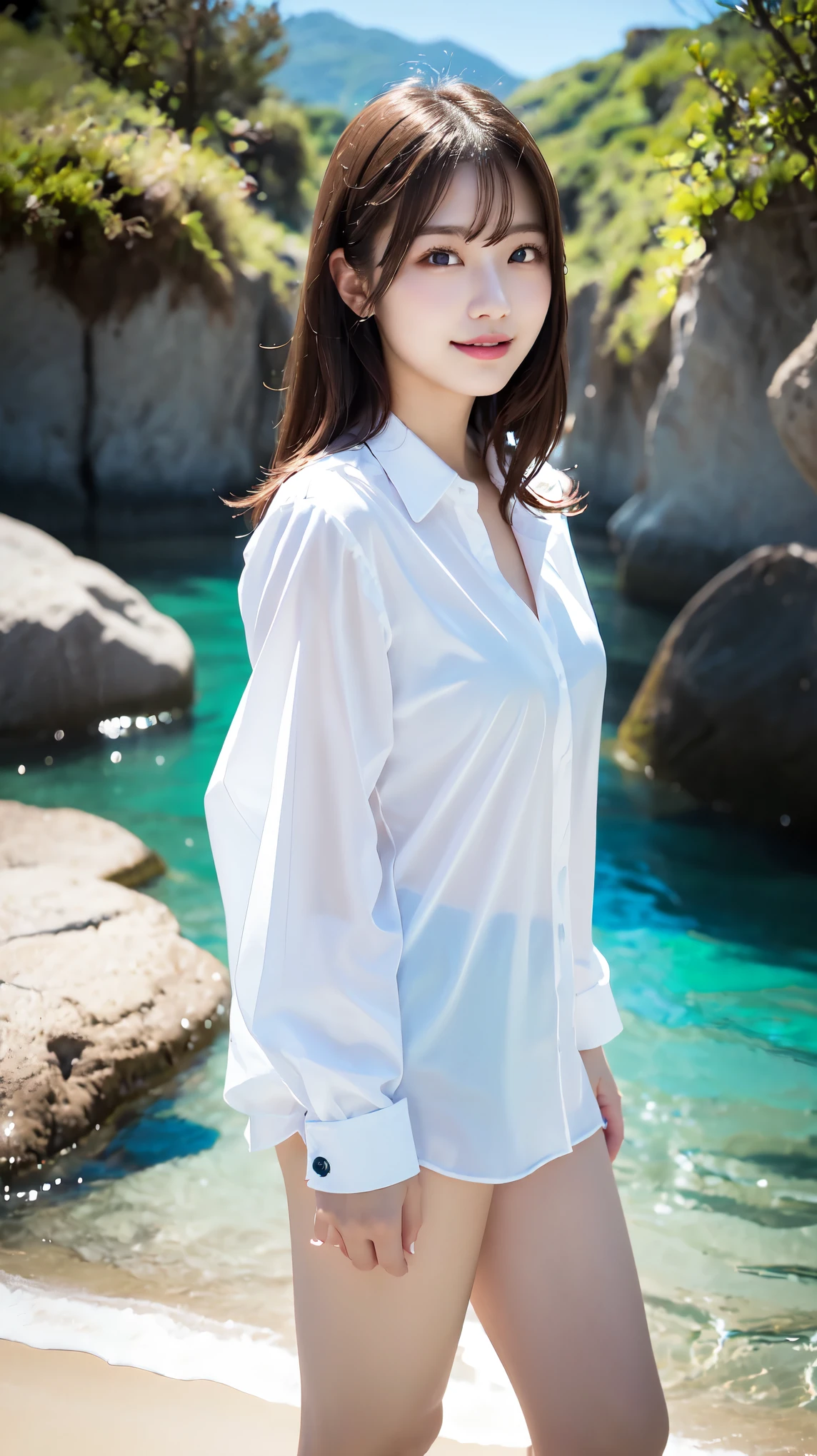 Oversized white collared shirt、Naked except for a shirt、full body shot、Complex and beautiful eyes、woman、womanらしい髪型、Natural color lip、Big Breasts、valley、bold and sexy pose、smile、Ocean、((18歳woman:1.ung adorable Japanese face, Official Art，Highly detailed CG Unity 8k wallpaper, (masterpiece:1.0),(highest quality:1.0), photo shoot, 8K, nsfw, High resolution, Kodak Portrait 400, Film Grain, Lens Flare Glow,View Viewer