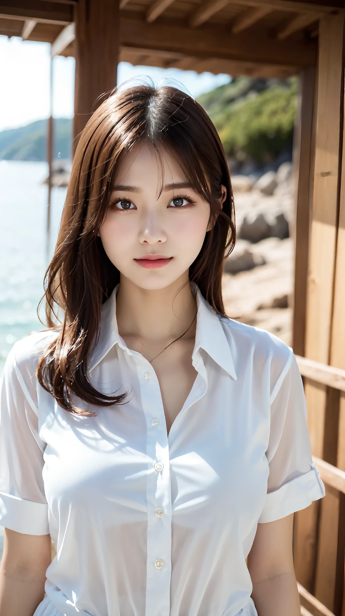 Oversized white collared shirt、Naked except for a shirt、full body shot、Complex and beautiful eyes、woman、womanらしい髪型、Natural color lip、Big Breasts、valley、bold and sexy pose、smile、Ocean、((18歳woman:1.2))、Young adorable Japanese face, Official Art,Highly detailed CG Unity 8k wallpaper, (masterpiece:1.0),(highest quality:1.0), photo shoot, 8K, nsfw, High resolution, Kodak Portrait 400, Film Grain, Lens Flare Glow,View Viewer
