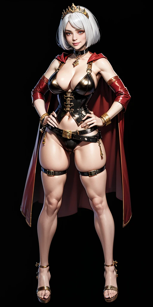 ((BLACK BACKGROUND,1:2, masterpiece)), full body MILF BIMBO standing with two long thighs and two high heels, red eyes, silver white hair, short bob style hair, big breasts, cleavage, separate sleeves, tiara royal, long cape up to two feet, yellow bikini, hands on waist, navel, lustful smirking smiling, smile face (red blushed, red cheeks), metal shoulders, gold sleeveless armbands, black leather choker slave collar, shackle bracelets, slave red crest, full body MILF BIMBO standing with two long thighs and two metal sandals, red eyes, silver white hair, short bob style hair, big breasts, cleavage, separate sleeves, tiara royal, long cape up to two feet, yellow bikini, tiger bikini stripes, hands on waist, navel, lustful smirking smiling, smile face (red blushed, red cheeks), metal shoulders, gold sleeveless armbands, black leather choker slave collar, shackle bracelets, slave red crest, pauldrons, breastplate, corset, eye focus, full body, whole body 1solo slave fighter, loincloth standing, hands on hips, metal sandals, backpack, choker, big belt around waist, view from below, feet together, bracers, tiara)