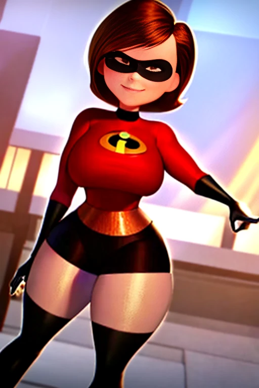 HelenParr, Brown hair, short hair, brown eyes, silver suit, hotpants, mask, gloves, 1girl, huge breasts, breasts, thick thighs, smile, pantyhose, thighhighs,