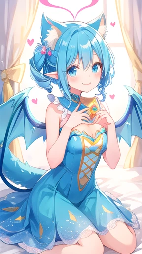 cute lady, happy, smile,,thin,,,tall,,,room,glitter,heart,blue drill hair,wings,ears,tail,magic ,sit