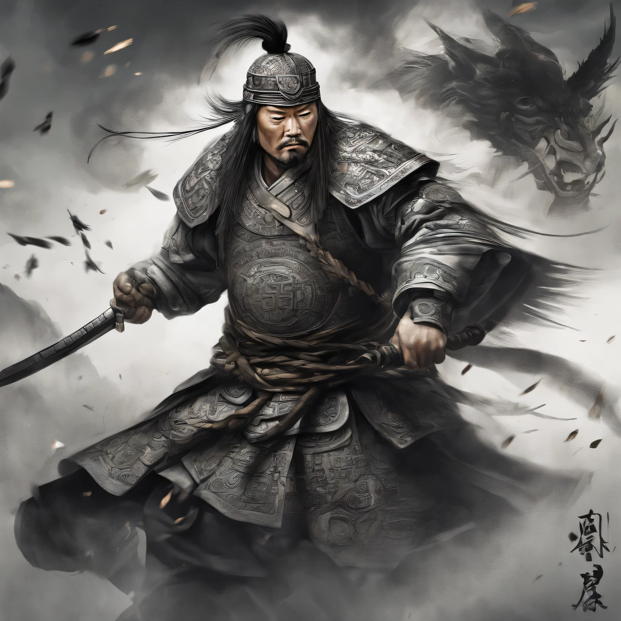 (best quality,4k,8k,height,Masterpiece:1.2),very detailed,(realistic,photorealistic,photo-realistic:1.37),Chinese general,traditional art style,Colorful uniforms,Bright and lively brush strokes,Ancient battlefield setting,warrior spirit,Decorative armor and helmet,Horse Symbol,Commander's presence,A brave expression.,brave gesture,historical pictures,It has a proud and honorable appearance.,Ink and wash painting style,Finely detailed facial features,dynamic elements,heightที่น่าประทับใจ,Strategic Battlefield Map,Strong and confident gaze,strong determination,energy blast,Ancient War Flag,The atmosphere is full of fog.,Golden sunlight illuminates the scene,Traditional Chinese calligraphy in the background,Real battle scenes,Focus on historical accuracy,dynamic movement,Commanding an army from a distance,There are towering mountains in the background.,Impressive fighting style,Martial Arts Expertise and Weapons Expertise,Wisdom and Leadership,aura of power,Atmospheric view,incredible light,hero legend,Classic Chinese metaphor,A strong sense of tradition and heritage