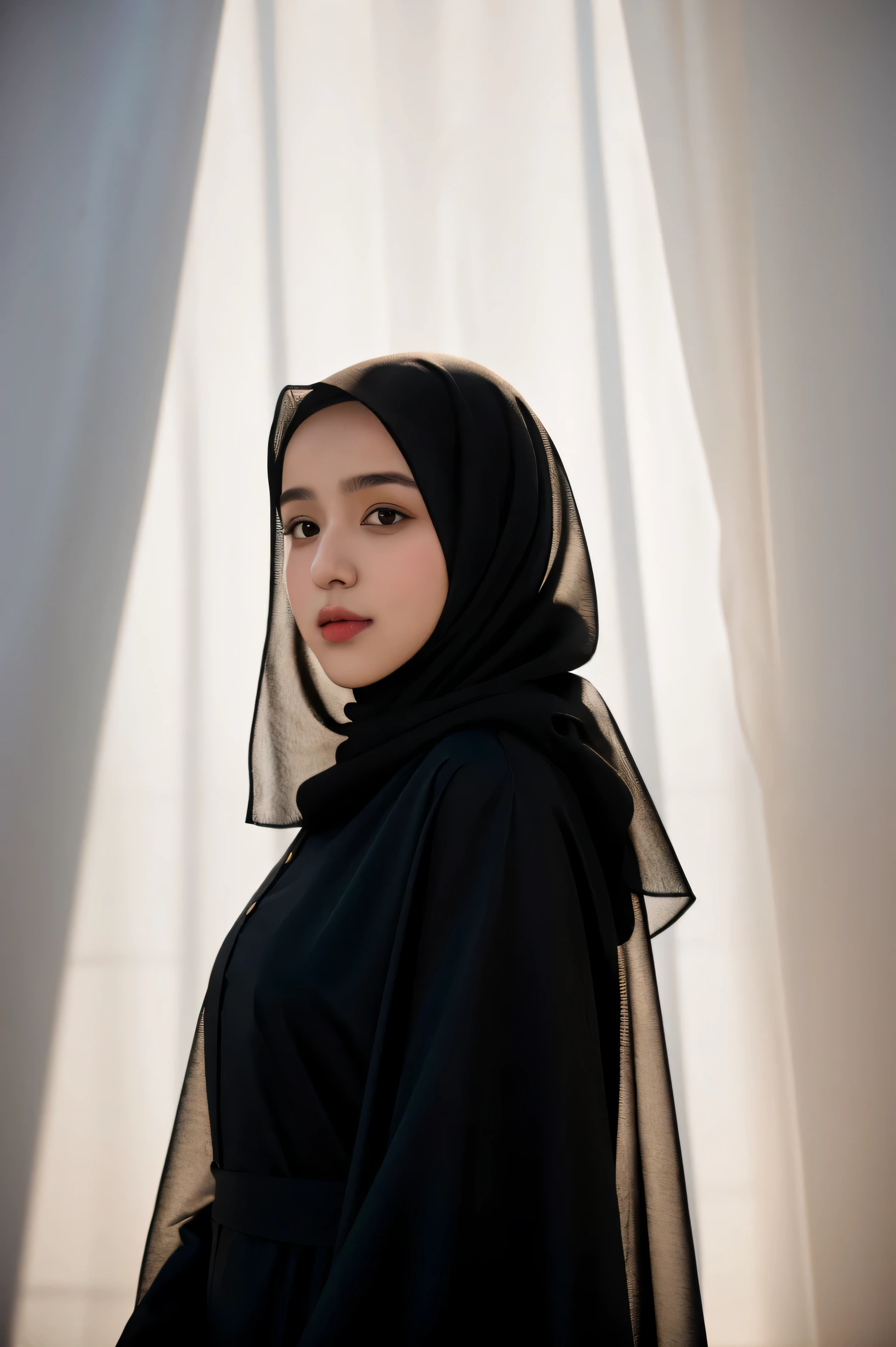 RAW photo of a girl wearing hijab, Abaya Organza, organza, hijab face portrait, qatar background, 8k uhd, dslr, soft lighting, high quality, film grain, Fujifilm XT3, covered dress, decent dress