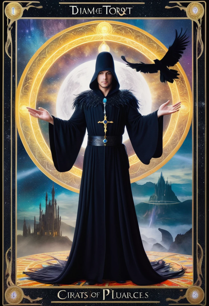 best quality,4k,8k,highres,masterpiece:1.2,ultra-detailed,realistic:1.37,HDR,UHD,ultra-fine painting,sharp focus,full tarot card border,Cinematic Shot,dynamic pose,(the God of dreams, inside his dreamlike palace, in the ethereal realm of dreams, surrounded by the mystical and ghostly dimensions.), (He is manipulating magical dust, creating illusions that transcend reality.), hypnosis,(He is trying to hypnotize the viewer), (His appearance features pale skin and wide, mesmerizing eyes.),(his mantle is completely made of black feathers sewn together:1.4),(the image is surrounded by tarot card style border:1.5), (The artwork is inspired by a sci-fi aesthetic, with a dreamlike atmosphere reminiscent of Yoshitaka Amano's unique style.), (ghostly figures can be seen wandering in the background), (The colors are vivid and surreal, with a focus on mysterious lighting and rich hues.), (The image quality is of the highest standard, with an ultra-detailed and sharp focus to capture every intricate detail.), (The overall result is a masterpiece, showcasing the artist's skill in creating a mesmerizing portrayal of the God of Dreams and the dream realm.), sci-fi, Cinematic