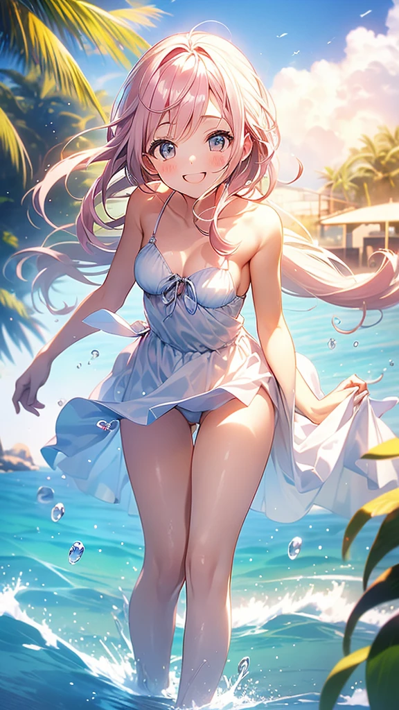 One girl, beautiful shiny hair, tied hair, wide forehead, naked, very small breasts, white skin, inverted nipples, pink nipples, large areolas, pink pussy, big smile, cheeks blushing, summer sunlight, blue sky, white clouds, sandy beach, splashing water on the viewer at the beach, staring at the viewer, splashing water, showing the viewer a pussy