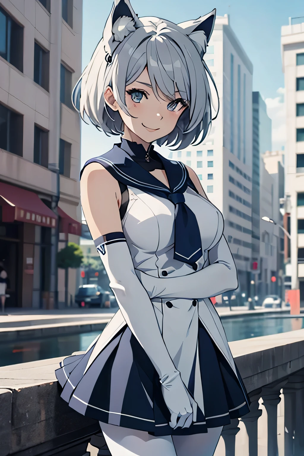 Tabletop Best image quality wonderful Attention to detail One Young Woman((Adult))Anime Style White Sailor Suit(Sleeveless) Navy blue mini skirt Pure white gloves(Elbow Gloves) White pantyhose(Plain) Wolf Ears short hair((Shortcuts)(Gray Hair)(Curly Hair)(fluffy)) smile(Red cheeks) Eye color is blue background(Building district)