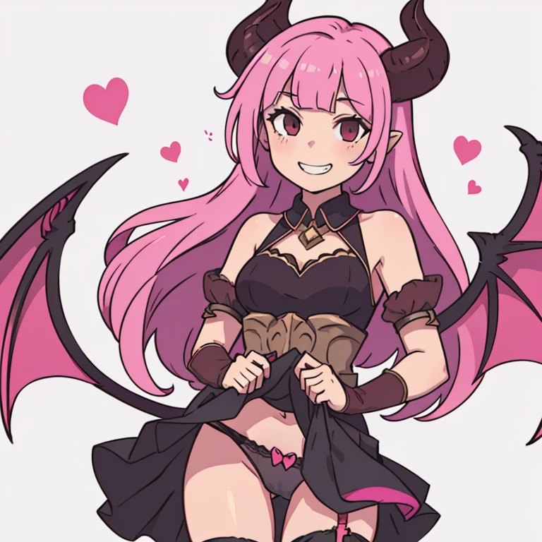 1girl in, Solo, cute girl, Pink hair, Long hair, succubus clothes、Succubus horns、Succubus Wings、Succubus tail、Sheer clothing、( shot:1.2)、Take grin, evil smile、(skirt lift:1.2)、、(Granblue Fantasy:1.2)、(nsfw:0.9)、best quality、