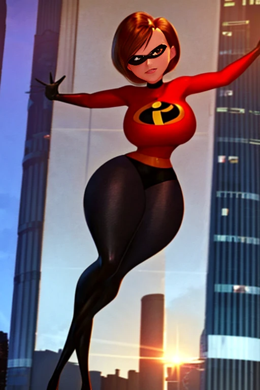 HelenParr, Brown hair, short hair, brown eyes, silver suit, hotpants, mask, gloves, 1girl, huge breasts, breasts, thick thighs, wide hips, brown hair, smile, pantyhose, black pantyhose, black thighhighs, thighhighs, hourglass figure, mature female, city