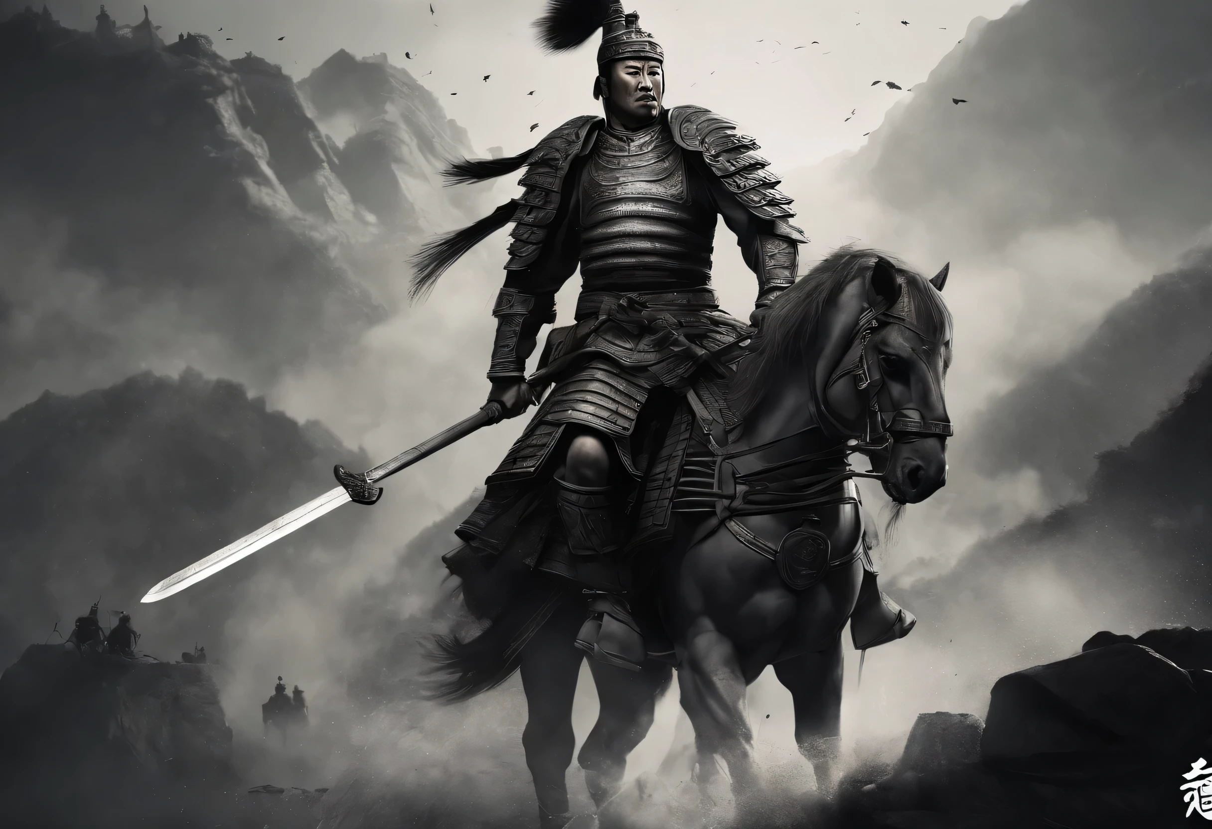 Chinese Soldiers, shield, sword, Combat-ready armor, Disciplined formation, powerful warrior, intricate designs on shield and sword, Committed soldiers, Ancient Battlefield, A fierce battle scene, brave deeds, Historical battle simulation, Expertly crafted weapons, Highly skilled soldiers, coordinated movement, Combat spirit, Chinese traditional war, Legendary battle, Strategic War Tactics, Honor and courage, Resolute expression, Adrenaline-filled moments, military precision, Camaraderie on the battlefield, Ancient Chinese History, Iconic ancient symbols, Decorated armor, Great clash, patriotic soldier, war cry, Intense fighting spirit, unwavering dedication, Ancient Warrior Culture, Amazing martial arts moves, Dark red and gold tones, A hardened army, Rich historical context. (best quality,4k,8k,height,Masterpiece:1.2), very detailed, (realistic,photorealistic,photo-realistic:1.37), HDR, UHD, studio lighting, Very detailed drawings, Sharp focus, Physical rendering, Very detailed explanation, professional, bright colors, Bokeh, Portrait, Ancient War Landscape, Ancient Chinese painting techniques, Atmosphere light, dynamic poses, Complex battle scenes, Vivid color contrast, Spectacularly beautiful elements, An impersonal atmosphere, Brave atmosphere. black and white