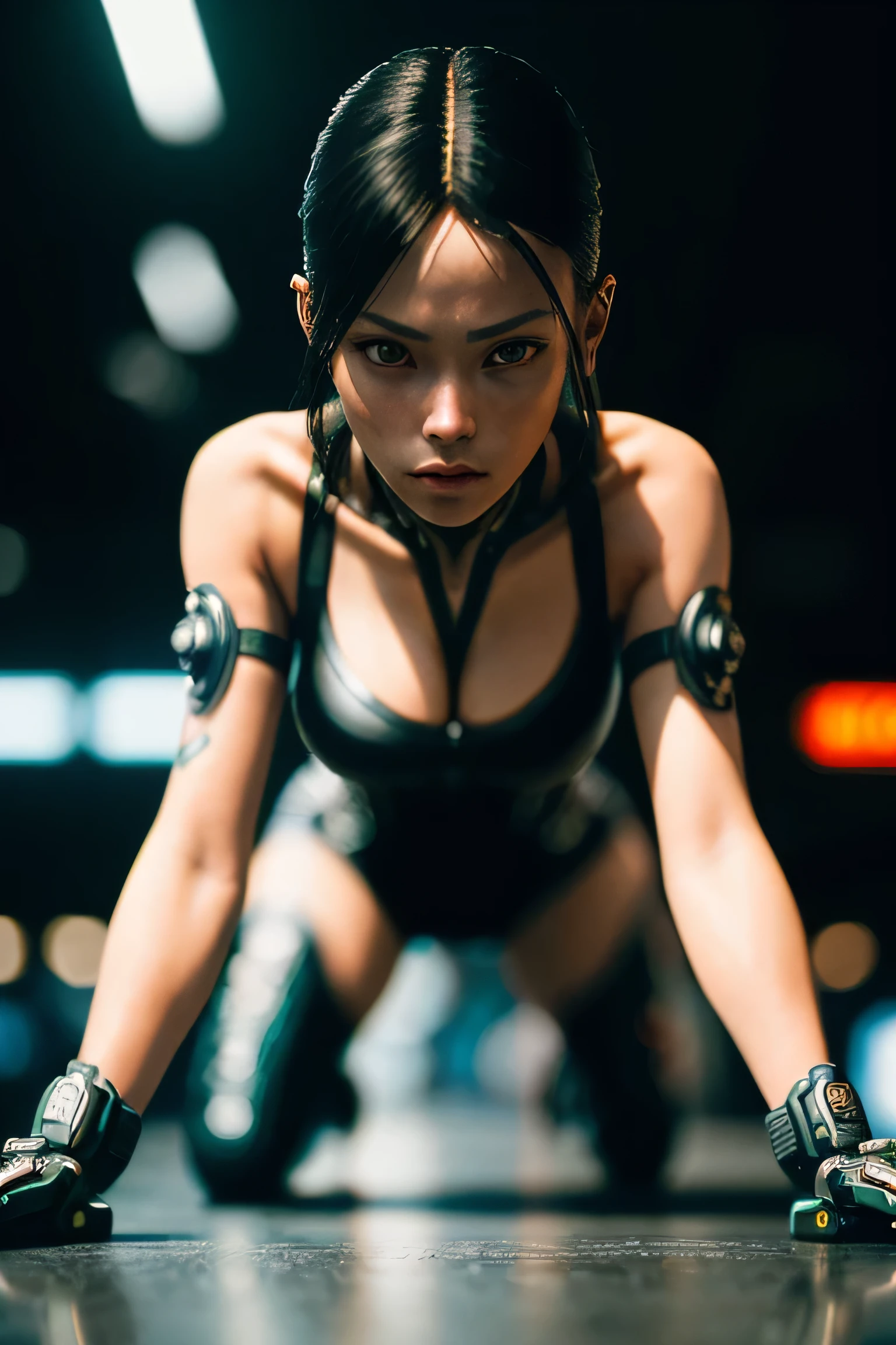 (masterpiece), (extremely intricate:1.3), (realistic), a girl, (cyberpunk), (dynamic perspective), the most beautiful in the world, (crouch down), indoors, caferacer, Aomori, Haifa, smirk, professional photograph of a stunning woman detailed, sharp focus, dramatic, award winning, cinematic lighting, octane render unreal engine, volumetrics dtx, (film grain, blurry background, blurry foreground, bokeh, depth of field)