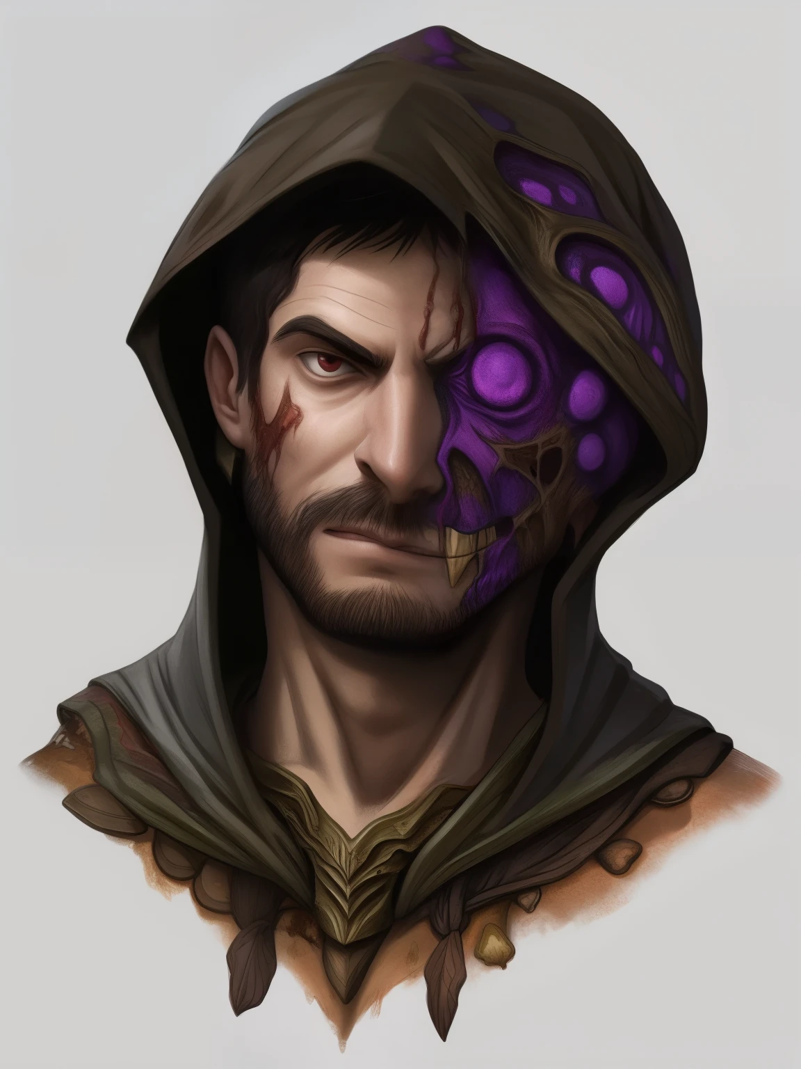 portrait, fantasy, dnd, character portrait, human, a human male with half his face missing, human male with hood, mutated face, mushrooms growing on left cheek, mushroom druid, spore druid, Dungeons and Dragons character portrait, leathery skin, sidewards glance, veiny face, purple veins, infected, infected with mushrooms, infected mushrooms, human deformed partial face, two-face, old character, half-zombie, healthy skin, unhealthy skin, mushrooms growing from face, half face deformed. half of face is intact.