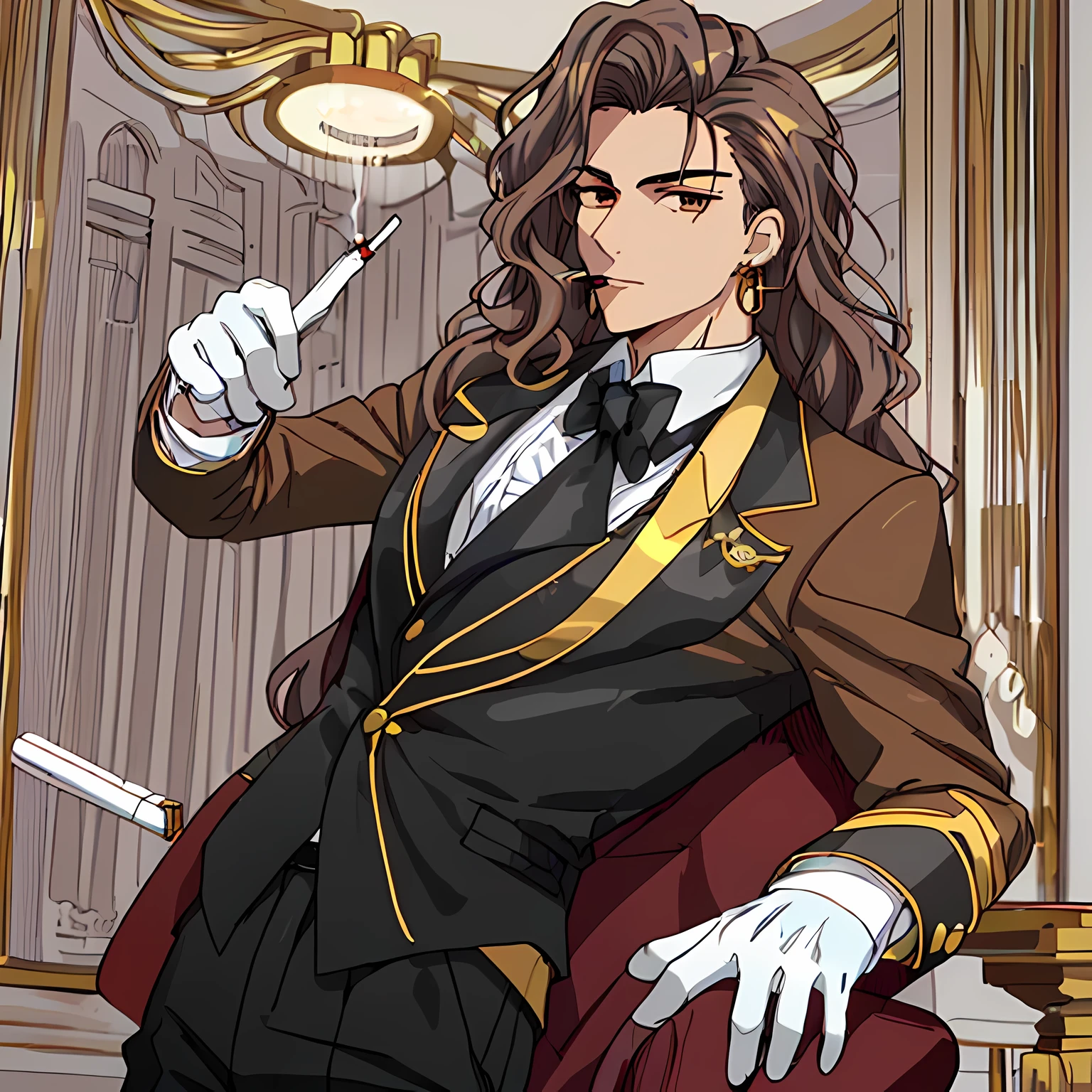 Rich man , confident look , tied hair , brown with bit of wavy hair , a cigarette in the hand , with a long jacket , and one gold earrings , white gloves , suit 