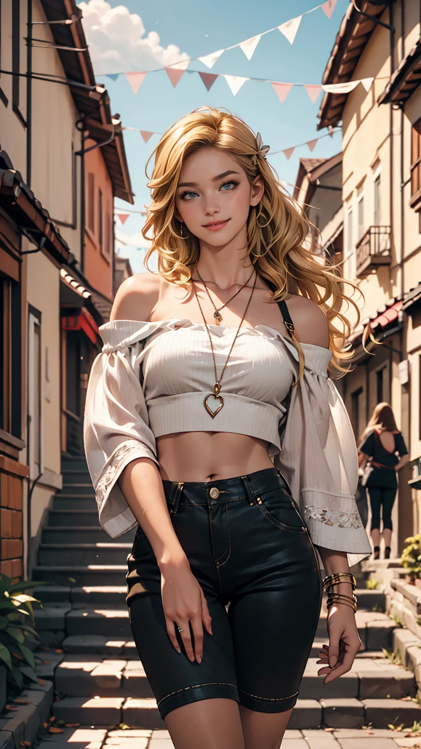 blonde hair, gradient hair, hair over shoulder, hair behind ear, longeyelashes, light smile, Surrealism, depth of field, atmospheric perspective, foreshortening, UHD, anatomically correct, highres, 16k、 ((最high quality, 8K, masterpiece: 1.3, Ultra HD, high quality, 最high quality, High resolution, realism)) 、(High saturation:1.0), (Highly detailed skin), (最high quality:1.0), (超High resolution:1.0) ,(Realistic:1.0), (Very detailed:1.0), (8K, Raw photo:1.1), slender、I want my head to stay off screen、25-year-old Caucasian female、Shiny Hair、Her hair color is blonde.、blue eyes、long hair、Hair above one eye、smile、Wear off-the-shoulder tops、Lower milk visible、Wear low rise hot pants、Wear stiletto heels、I can see my belly button、Grinning ((light smile))、The blue sky is beautiful、I'm halfway up the long staircase in the old town.、braid, hair ribbon, 8k