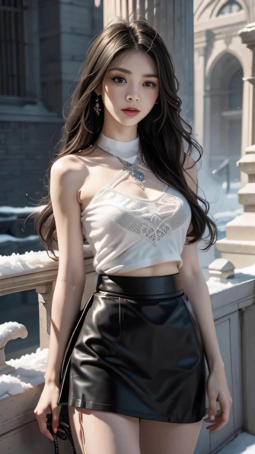 beautiful ice goddess, good face, Very long hair, Realistic eyes, Small Breasts, Ice mage, Ice Elemental, Intricate design and details, Cold fog, cold, blizzard storm, Summon Ice Spell, cast ice spell, Dreamy dress, (Black skirt:1.5), tape:1.5,, Bare waist, Realistic ice effects, snow particles, Dark fantasy art style, ruined city, Dramatic Lighting, Movie,