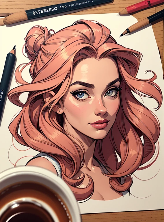 (estilo de desenho animado:1.2), Imagem de desenho animado de uma mulher com grande cabelo rosa, cups and coffee, garota funky super fofa, Ilustra??o estilo desenho animado, estilo de arte dos desenhos animados, estilo de arte dos desenhos animados, digital illustration style, design de personagens altamente detalhado, arte digital detalhada fofa, City fan art, Design de personagens de retrato, beautiful digital illustration, retrato de alta qualidade, Arte em quadrinhos, Retrato de design de personagens, Fundo floral