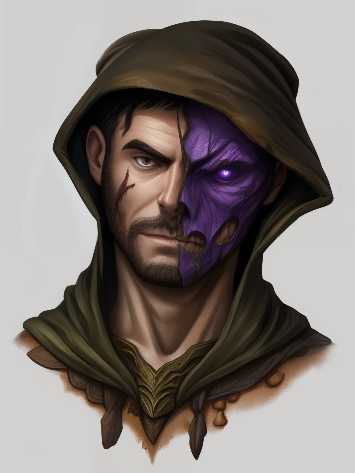 portrait, fantasy, dnd, character portrait, human, a human male with half his face missing, human male with hood, mutated face, mushrooms growing on left cheek, mushroom druid, spore druid, Dungeons and Dragons character portrait, leathery skin, sidewards glance, veiny face, purple veins, infected, infected with mushrooms, infected mushrooms, human deformed partial face, two-face, old character, half-zombie, healthy skin, unhealthy skin, mushrooms growing from face, half face deformed. half of face is intact.