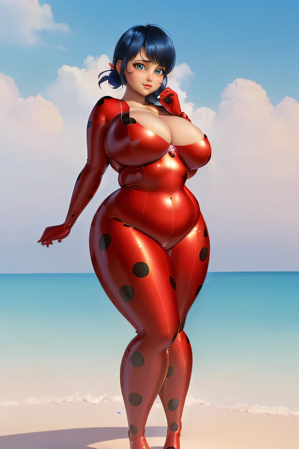 ((masterpiece)), ((photorealistic)), ((sharp focus)), ((UHD)), ((8k wallpaper)), ((best quality)), (perfect quality), solo, girl, ladybug, short blue hair, pose: ( shy pose, (arm on waist), sexy pose), face: ( (very beautiful face), (perfect face), cute face, young, (plump cheeks), (plump face)), figure: (very full body, ((huge breasts)), (very thick), (sexy curves), (very soft), (very curvy), (a bit chubby), (a bit chubby belly), (a bit chubby belly bottom), (belly bulge), wide waist, (big deep navel), thick thighs), clothes: (red dotted suit, tight suit)