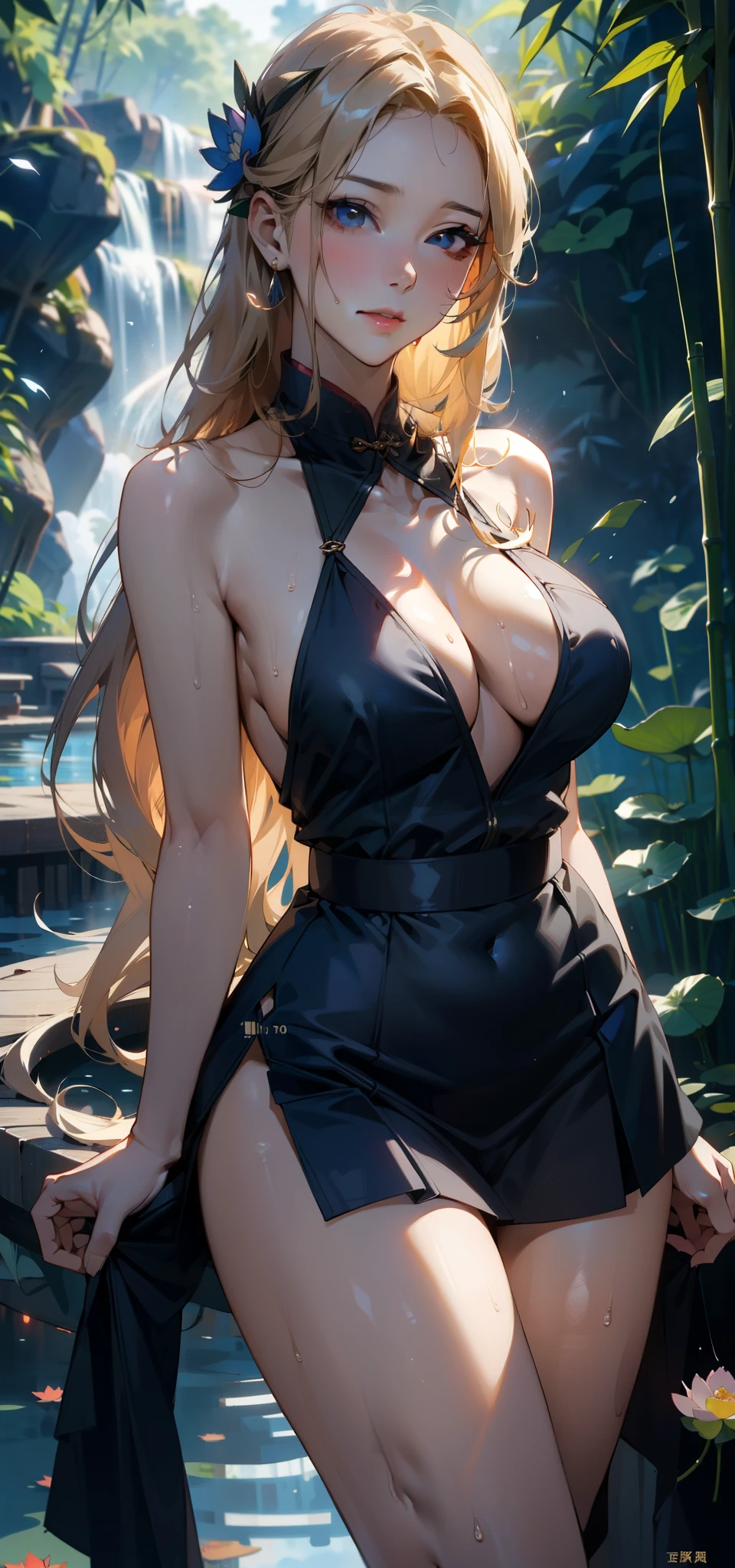 1 female,35 years old,Slim,Very large ,Big breasts and thin waist,Long legs, 1 female,35 years old,MILF,Big breasts and thin waist,Slim,Large chest ,exposure, solo,(background:bamboo forest,lotus,lotus,lotus池) She has long blond hair,curls,Stand up,Sweating,Soaked,From the front, Straight Hair, partly cloudy,(((masterpiece),(Very detailed CG unified 8K wallpaper),Best quality,Movie Lighting,細緻的background,Beautiful and delicate eyes,Smart pupils,black eyes,(Very delicate and beautiful),(Beautiful and detailed description of the eyes),Ultra Detailed,masterpiece,)),Facing the camera,high resolution,Ultra Detailed),Exposing breasts,Exposed genitals, Convex,Legs open,Convex起性感,camel toe,flushed face front,Chinese high school students(Wear:,cheongsam,Blue ultra-short pleated skirt,nude,Bare breasts,)