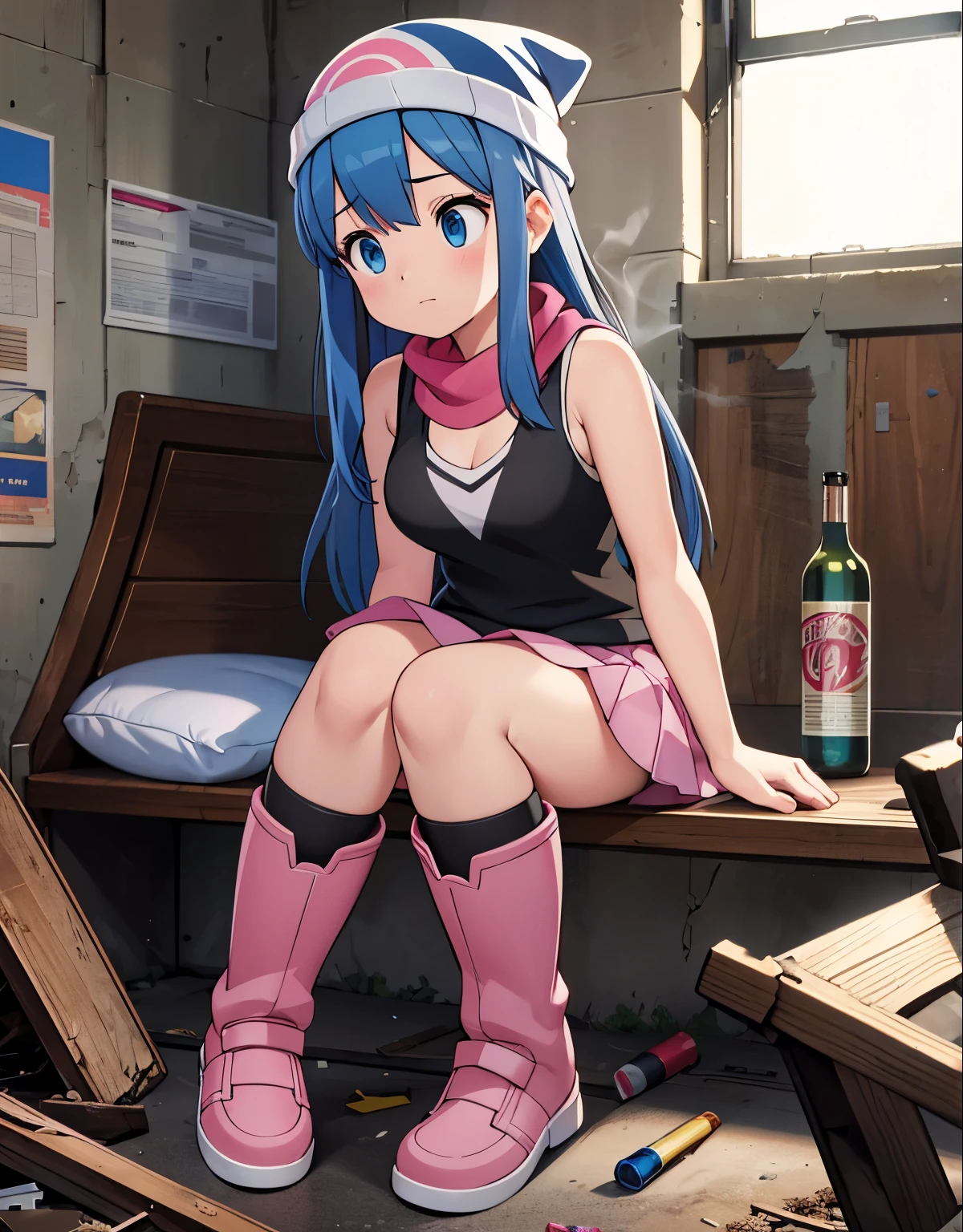 (best quality,4k,8k,highres,masterpiece:1.2),ultra-detailed,(realistic,photorealistic,photo-realistic:1.37),a sleeping girl in an abandoned school,dirty,full of garbage,alcohol bottles,and cigarettes,illustration,dark and gritty style,\(pokemon\), beanie, long hair, blue hair, blue eyes, black sleeveless shirt, pink scarf, pink skirt, pink boots, body shape, medium breasts,dramatic lighting,