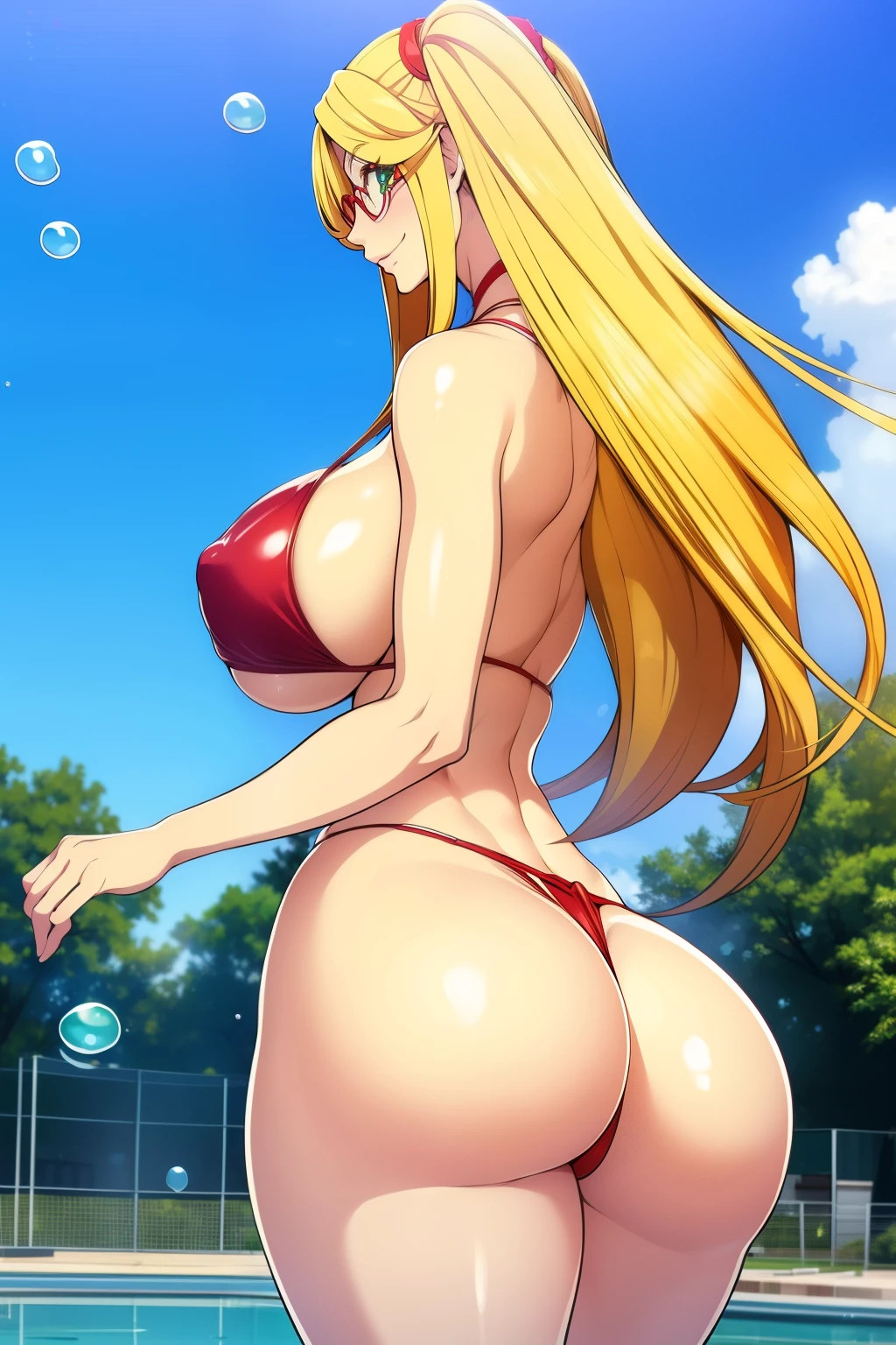 An anime-style artwork depicting Kousaka Shizuru from the game Honkai star rail.

Tags: Kousaka Shizuru, anime, detailed eyes, detailed lips, ass, bare shoulders, (blonde hair:1.4), (micro bikini : 1.4), midriff, long hair, red-framed eyewear,  semi-rimless eyewear,  solo, under-rim eyewear, huge breasts,  (green eyes:1.1),, smiling expression, intense gaze, dynamic pose,  outdoor, pool, vibrant colors, digital art, high-resolution, professional quality, gigantic breasts, curvy, cowboy shot, (gigantic breasts: 1.4),, curvy ass, (big butt : 1.4), (bubble butt : 1.4), from behind, back view,