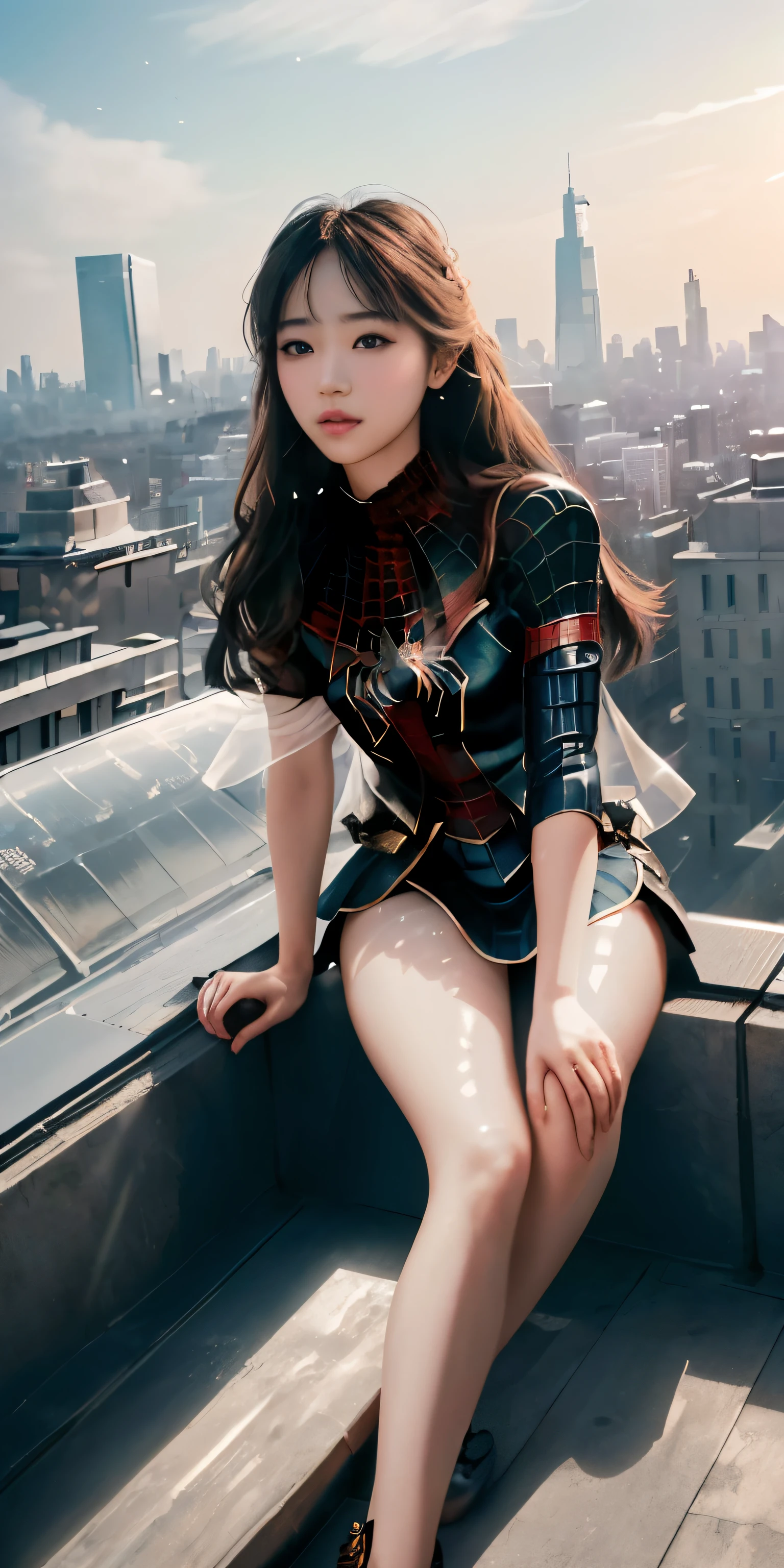 (1 girl:1.3), alone, (((Very detailed face)))), ((Very detailed eyes and face)))), Beautiful detailed eyes, body parts__, official art, All-in-one 8k wallpaper, Extremely detailed, beautiful and beautiful, beautiful, Masterpiece, best quality, manuscript, Masterpiece, The photos are very beautiful., best quality, Ultra high resolution, immersive realism, sunlight, full body picture, incredible beauty, dynamic gesture, delicate face, bright eyes, (from the front), She wears a Spiderman costume., Red and black color scheme, spider, Very detailed city roof background., Roof top, overlooking the city, detailed face, Detailed complex busy background, tangle, beautiful, milky white, Highly detailed skin, realistic skin details, visible pores, Clear focus, Volumetric mist, 8k uh, DSLR, High quality, Film texture, beautiful skin, Photo realism, Lomography, Dystopian metropolis of the future, translucent