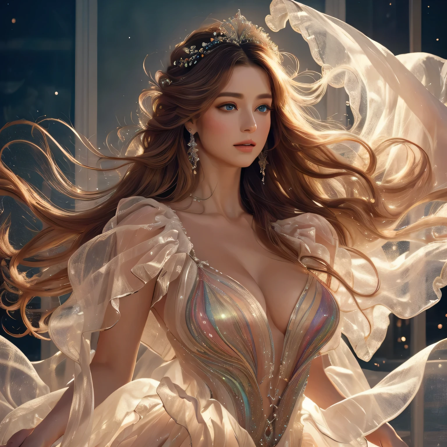 (ultra-realistic,highres:1.2),beautiful woman in sheer gown,gorgeous detailed eyes,long flowing hair,floating ethereal fabrics,elegant pose,vivid colors,soft lighting,luxurious texture,ethereal atmosphere,portrait,romantic,colorful,hint of mystery