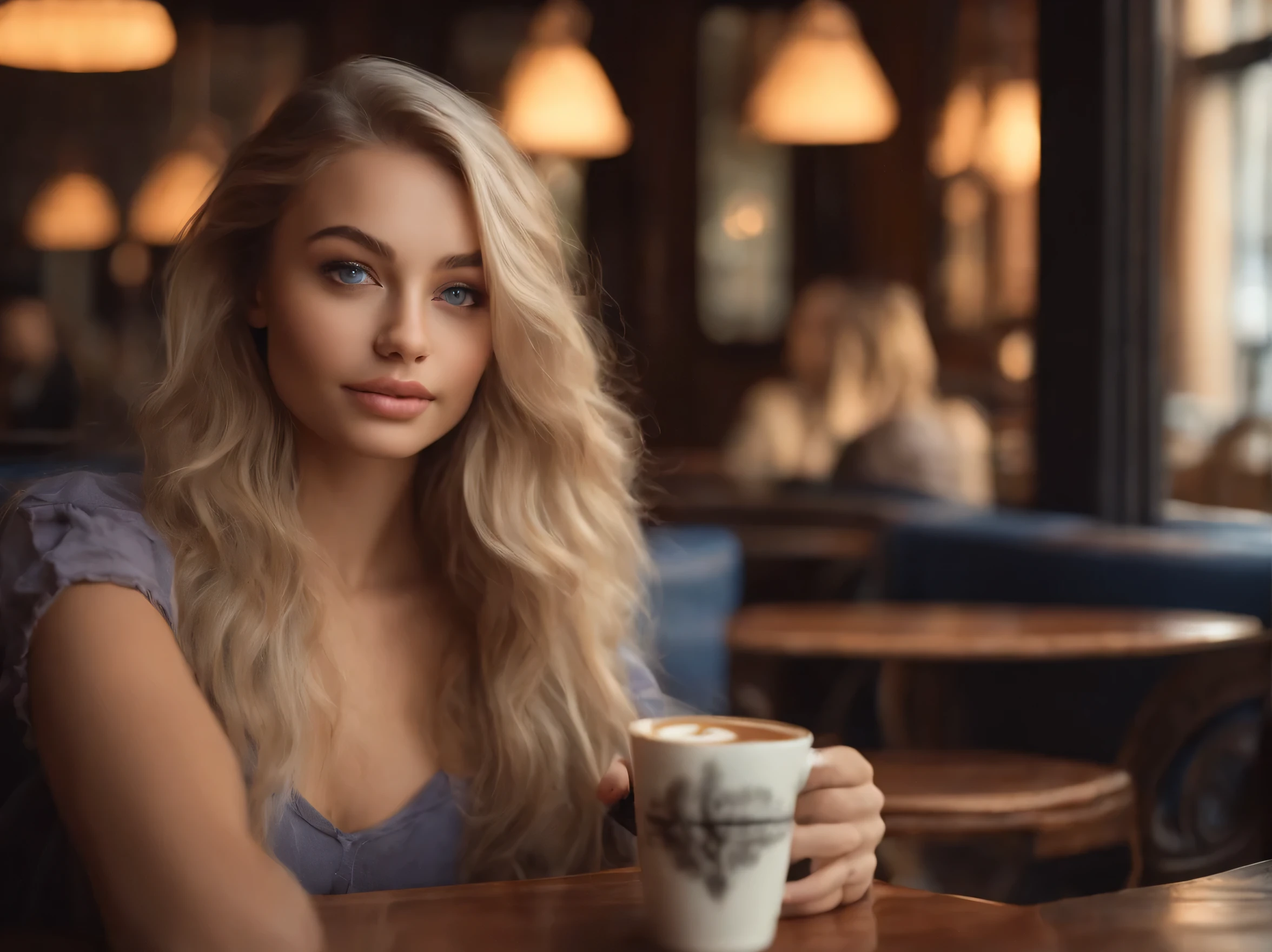 arafed femme pleinement , Fille sexy aux yeux bleus, ultra realistic, meticulously detailed, Portrait de Sophie Mudd, cheveux blonds et grands yeux, selfie d'une jeune femme, Violette Myers, sans maquillage, maquillage naturel, regarder directement la caméra, visage avec artgram, maquillage subtil, superbe corps entier,sitting in a cafe and drinking coffee, neckline dress