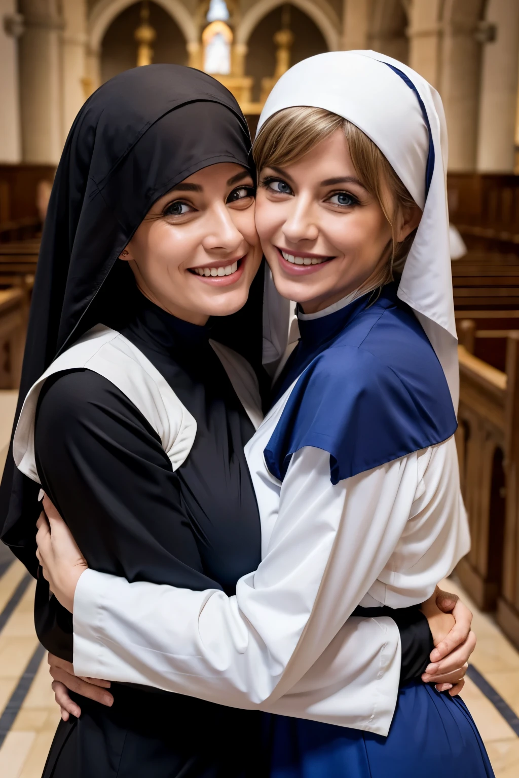 Two mature italian women、blonde、With bangs、blue eyes、Toothy Smile、Nuns、Big Breasts、Sexy Body、monastic uniform、They are hugging each other、At church