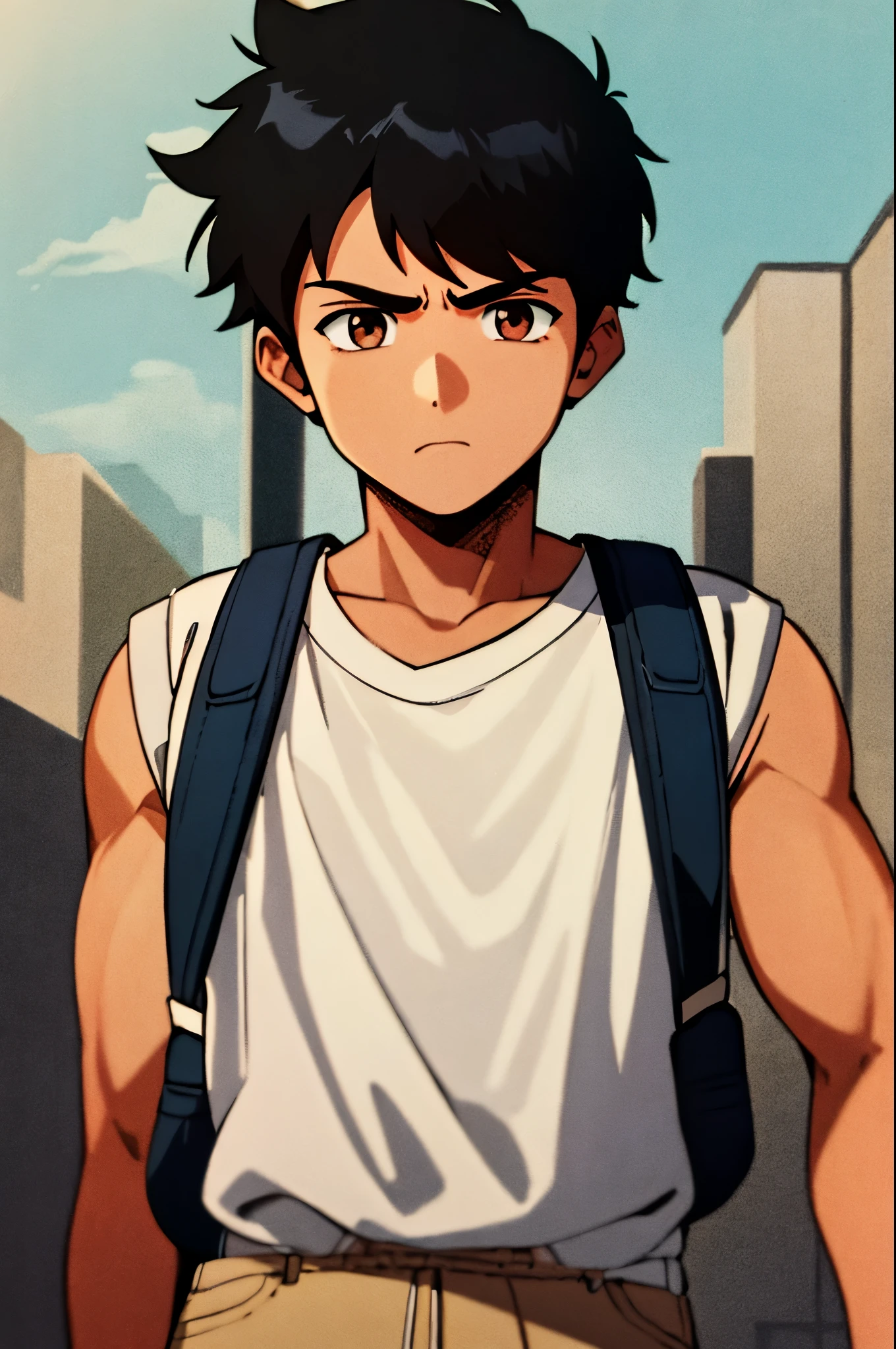 masterpiece, best quality, cel shaded, bright colors, 1boy, solo, male focus, portrait of survivor, young boy, short black hair, brown eyes, small frown, healthy complexion, strong frame, white muscle shirt, beige backpack,beige shorts, looking at viewer, staring straight ahead, upper body shot, ruined city background