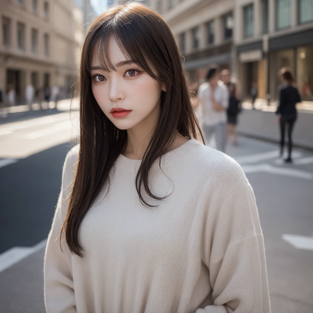 woman, (Realistic), (Hyperrealism), (photoRealistic), Depth of written boundary, eye make up:0.5, (Upper Body:1.2), (Tight waist:0.7), Watching the audience, Casual clothing, On the city streets, alone