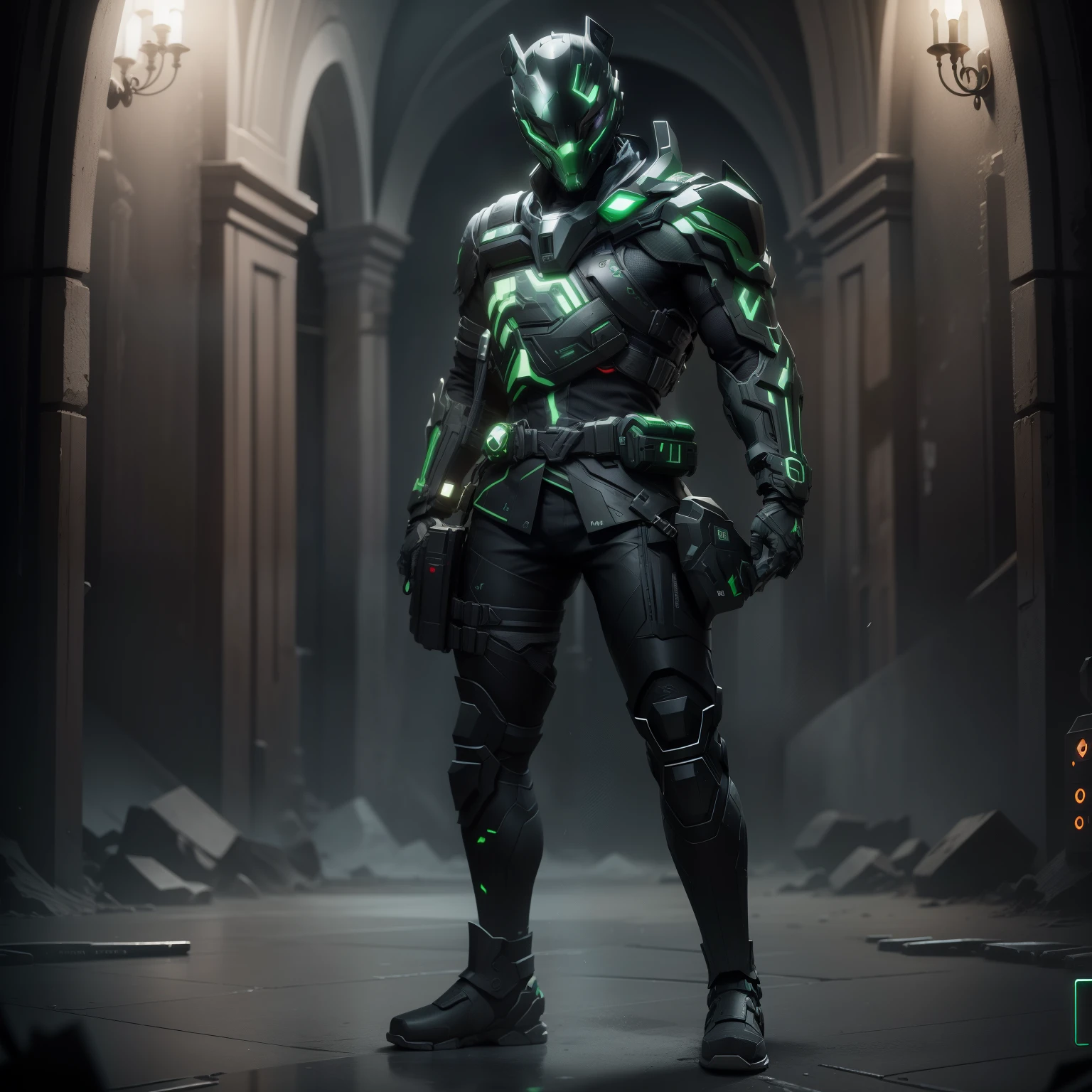 create an absolutely identical model from the source keep the green color keep the black color keep the gray color do not change the details of the mask on the face do not change the details of the head do not change the details of the face