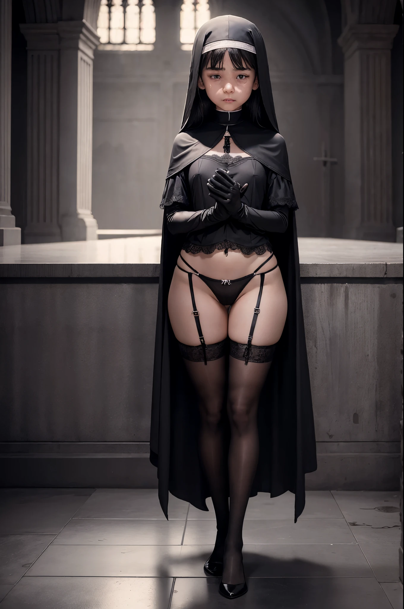 Ultra realistic   girl 8 years old,  childshi body  , long black hair frinje , nun ,  melancolic  face cry , lingerie  thong pantie  ,garterbelt  long socks  , Gloves  , inocent , standing  . Praying  , dark church.  Gothic stily 