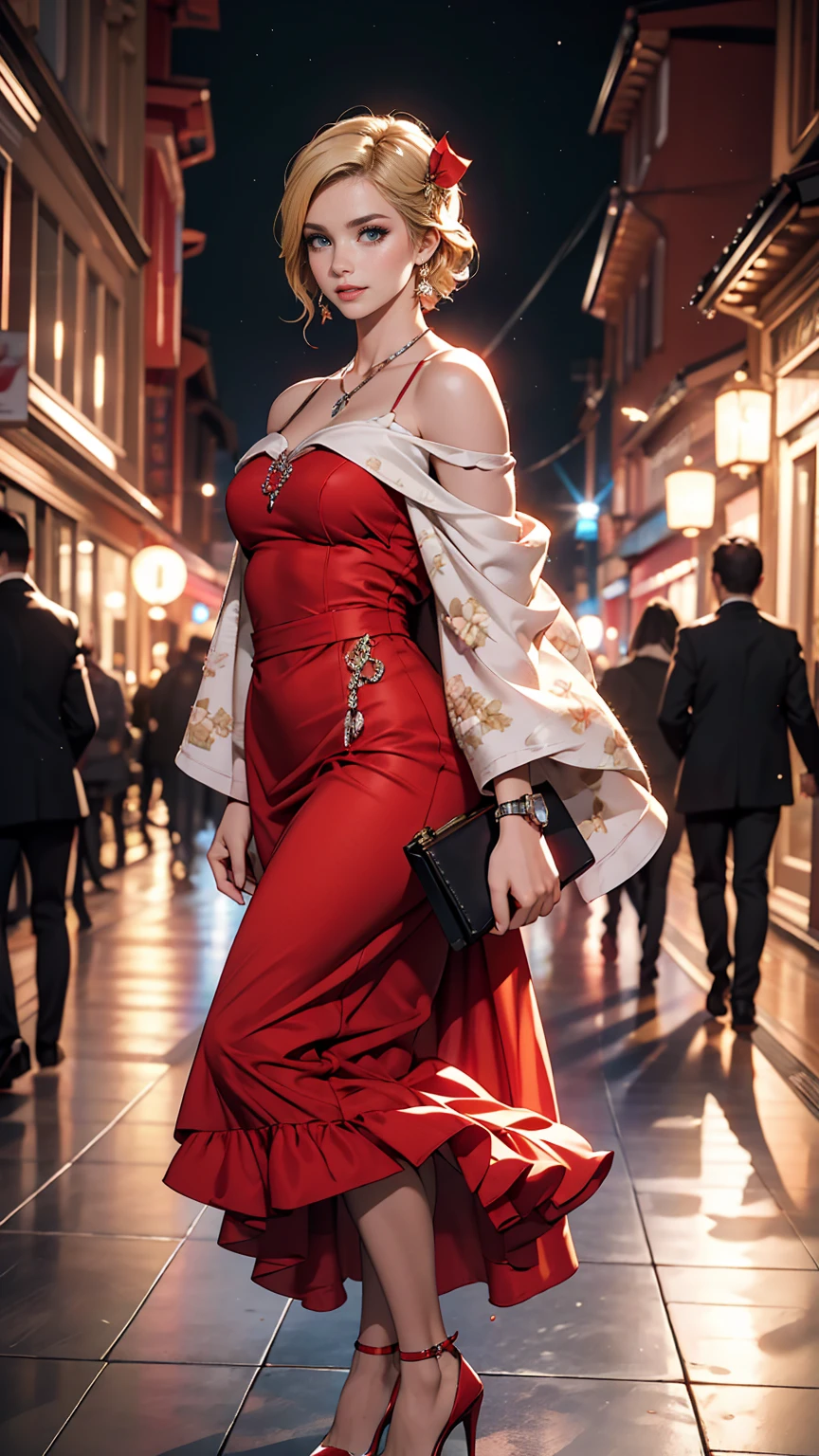 ((最high quality, 8K, masterpiece: 1.3, Ultra HD, high quality, 最high quality, High resolution, realism)) 、(High saturation:1.0), (Highly detailed skin), (最high quality:1.0), (超High resolution:1.0) ,(Realistic:1.0), (Very detailed:1.0), (8K, Raw photo:1.1), slender、I want my head to stay off screen、Wear accessories on your wrist、Wearing red nail polish、I have a peticure、25-year-old Caucasian female、Platinum Blonde、blue eyes、Hair above one eye、smile、Wear an off-the-shoulder dress、Wear high heels、Attend a party in a lavish palace、standing on the red carpet、have a clutch bag、hair ribbon, colored inner hair, blonde hair, twin drills, 8k