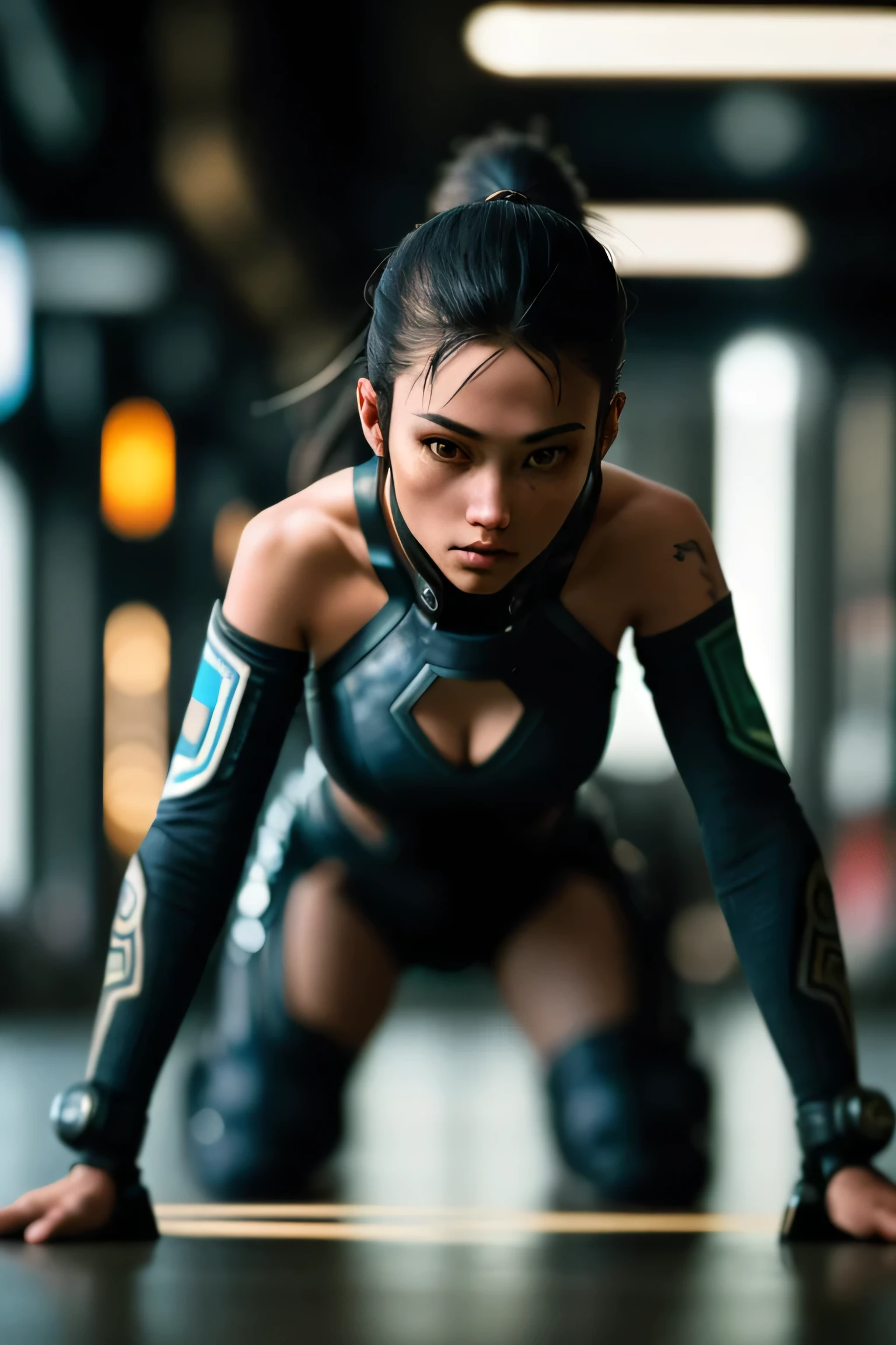 (masterpiece), (extremely intricate:1.3), (realistic), a girl, (hyperpunk), (dynamic perspective), the most beautiful in the world, (crouch down), indoors, caferacer, Aomori, Haifa, professional photograph of a stunning woman detailed, sharp focus, dramatic, award winning, cinematic lighting, octane render unreal engine, volumetrics dtx, (film grain, blurry background, blurry foreground, depth of field)