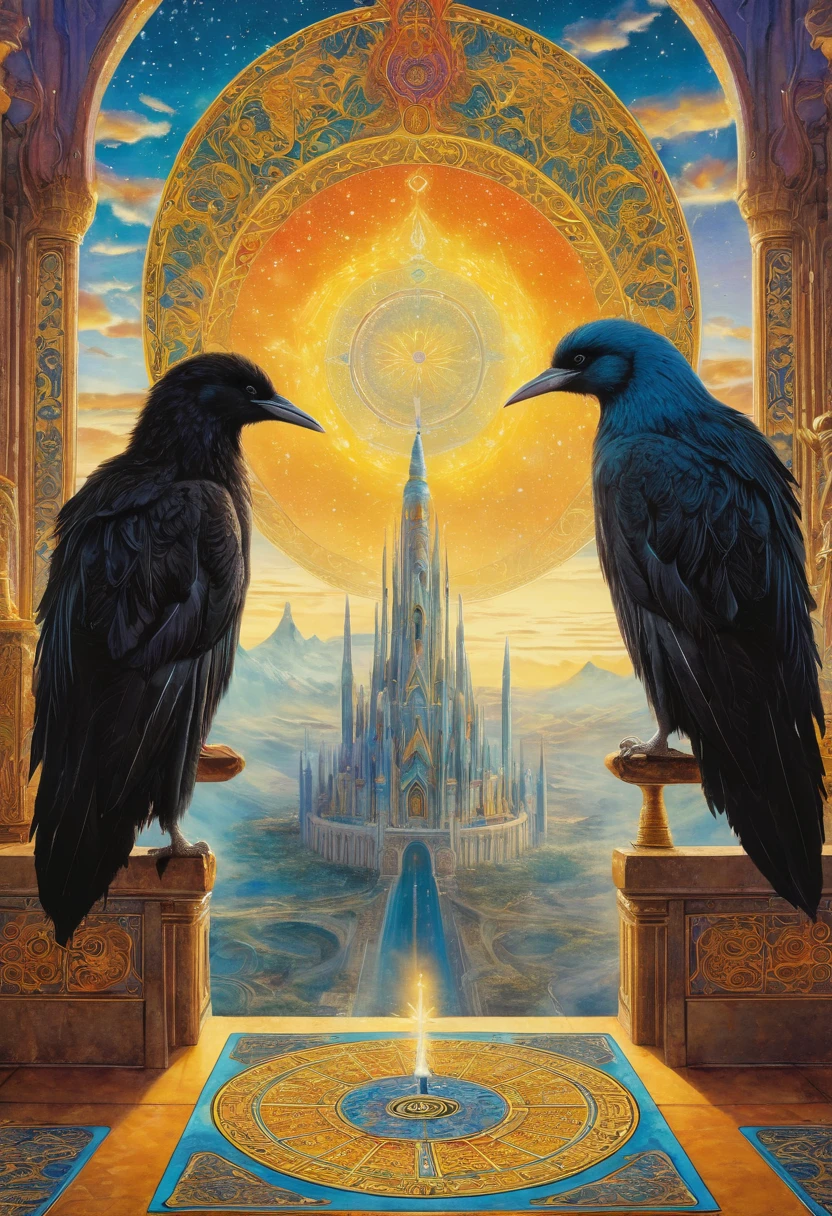 best quality,4k,8k,highres,masterpiece:1.2,ultra-detailed,realistic:1.37,HDR,UHD,ultra-fine painting,sharp focus,full tarot card border,Cinematic Shot,dynamic pose,(the God of dreams, inside his dreamlike palace, in the ethereal realm of dreams, surrounded by the mystical and ghostly dimensions.), (He is manipulating magical dust, creating illusions that transcend reality.), hypnosis,(He is trying to hypnotize the viewer), (His appearance features pale skin and wide, mesmerizing eyes.),(his mantle is completely made of black feathers sewn together:1.4),(the image is surrounded by tarot card style border:1.5), (The artwork is inspired by a sci-fi aesthetic, with a dreamlike atmosphere reminiscent of Yoshitaka Amano's unique style.), (ghostly figures can be seen wandering in the background), (The colors are vivid and surreal, with a focus on mysterious lighting and rich hues.), (The image quality is of the highest standard, with an ultra-detailed and sharp focus to capture every intricate detail.), (The overall result is a masterpiece, showcasing the artist's skill in creating a mesmerizing portrayal of the God of Dreams and the dream realm.), sci-fi, Cinematic, (concept art inspired by Jean Giraud Moebius)