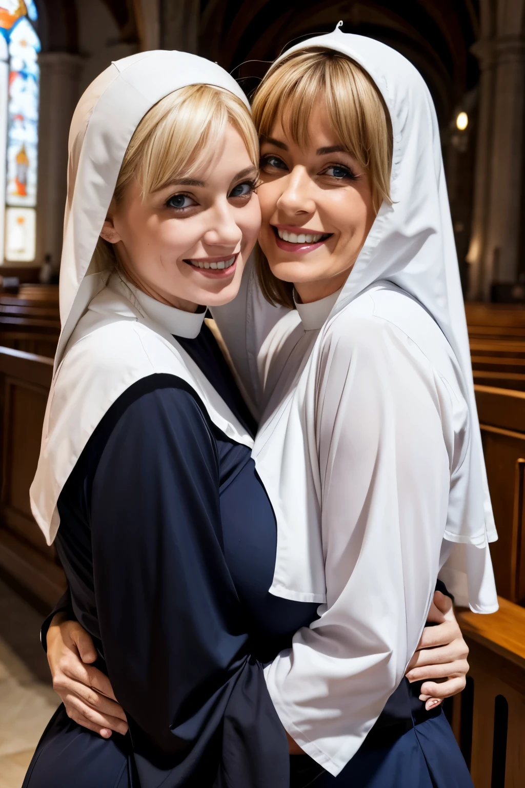 Two Italian women、Blonde、blue eyes、smile、Beautiful mother and adorable daughter、Big Breasts、Sexy body、Monastic Clothes、Nuns、Hugging in the church