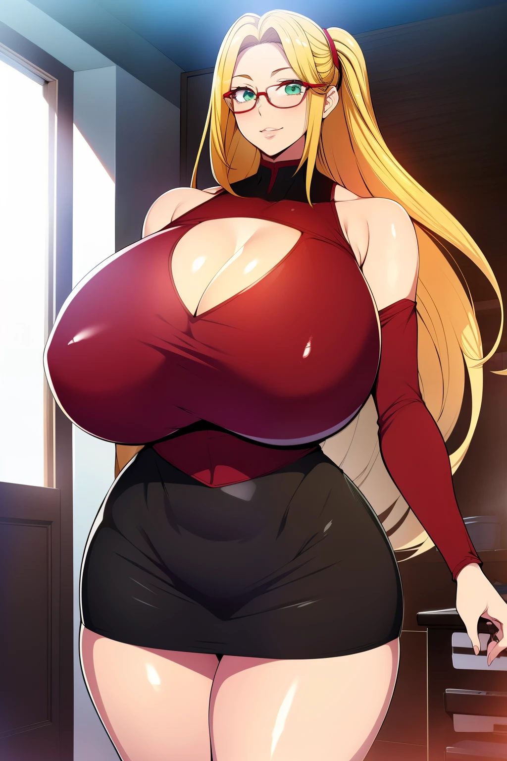 An anime-style artwork depicting Kousaka Shizuru from the game Honkai star rail.
Tags: Kousaka Shizuru, anime, detailed eyes, detailed lips, ass, bare shoulders, (blonde hair:1.4), (black skirt suit:1.1), cleavage, pencil skirt, miniskirt,curvy, thighs, higheels, shiny clothes, skin tight, cleavage, glasses, long hair, red-framed eyewear, semi-rimless eyewear, solo, under-rim eyewear, huge breasts, (green eyes:1.1),, smiling expression, intense gaze, dynamic pose, indoor, palace, vibrant colors, digital art, high-resolution, professional quality, gigantic breasts, (underboob : 1.4), curvy, cowboy shot, (gigantic breasts: 1.4),