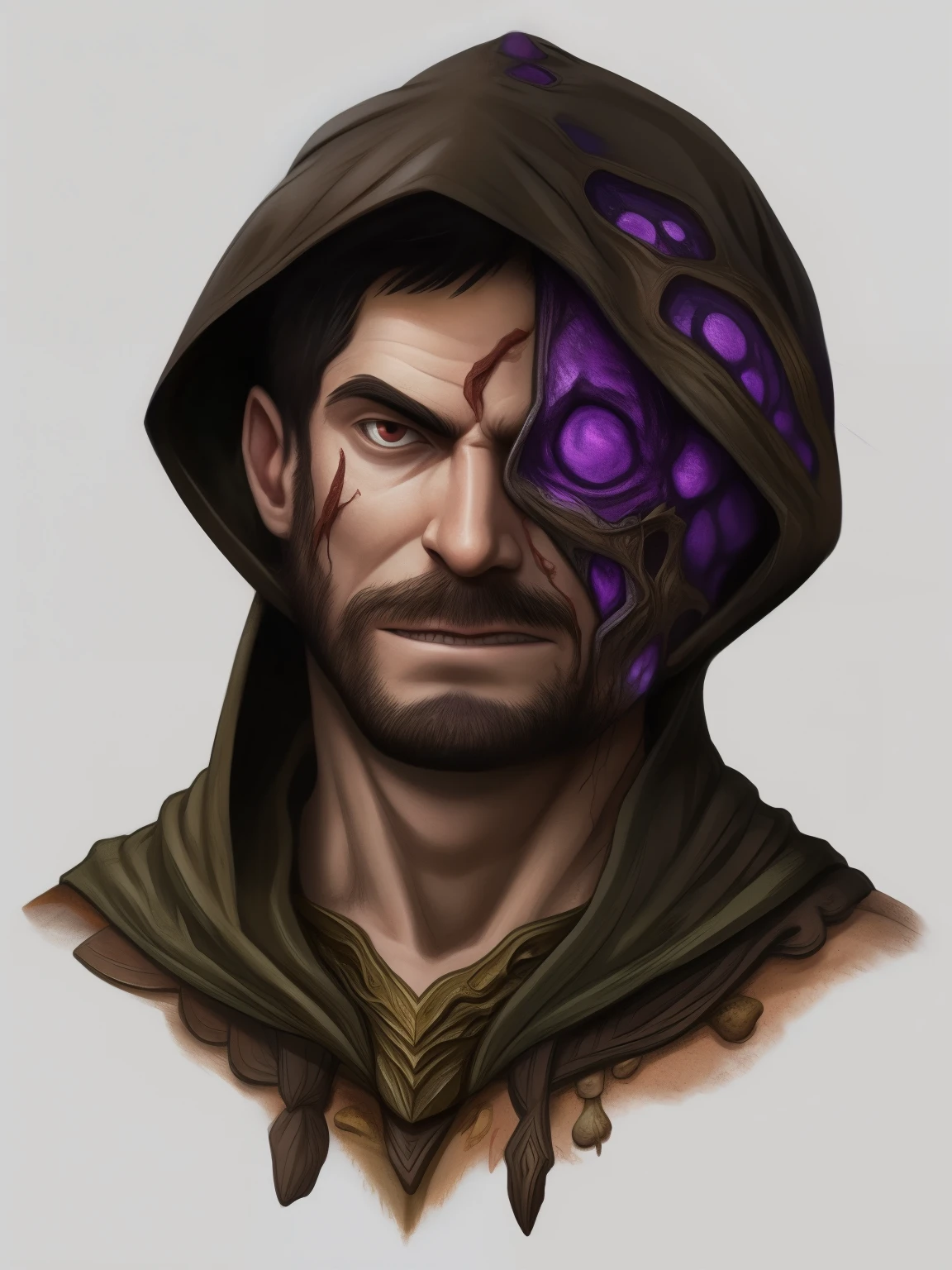 portrait, fantasy, dnd, character portrait, human, a human male with half his face missing, human male with hood, mutated face, mushrooms growing on left cheek, mushroom druid, spore druid, Dungeons and Dragons character portrait, leathery skin, sidewards glance, veiny face, purple veins, infected, infected with mushrooms, infected mushrooms, human deformed partial face, two-face, old character, half-zombie, healthy skin, unhealthy skin, mushrooms growing from face, half face deformed. half of face is intact.