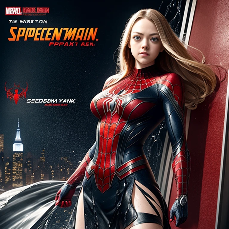 Amanda Seyfried、マーベル・コミック映画のPoster, Very beautiful, Movies about Spiderman, sexy, whole body, I'm wearing a skirt、Premiere date, Poster、belly buttonを突き出す、new york、She's wearing a torn Spider-Man suit,The suit is torn、Wearing a skirt、 Red and black color scheme,dynamic、masterpiece、highest quality、Ultra-detailed、Very detailed、A delicate and beautiful shine、超A high resolution、Cinematic,Break,Breakdrop,(Torn clothes:1.5), (Wet clothes:1.4), Bare shoulders,Real Rain,Wet Hair,belly button、Exposing Skin、sexyな肩を見せてる