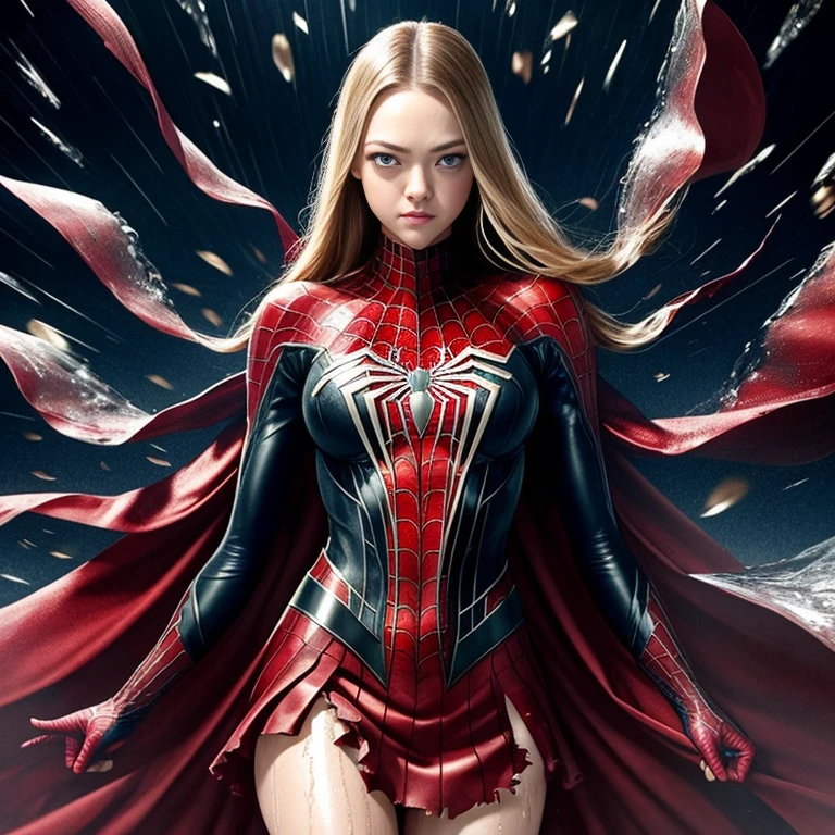 Amanda Seyfried、マーベル・コミック映画のPoster, Very beautiful, Movies about Spiderman, sexy, whole body, I'm wearing a skirt、Premiere date, Poster、belly buttonを突き出す、new york、She's wearing a torn Spider-Man suit,The suit is torn、Wearing a skirt、 Red and black color scheme,dynamic、masterpiece、highest quality、Ultra-detailed、Very detailed、A delicate and beautiful shine、超A high resolution、Cinematic,Break,Breakdrop,(Torn clothes:1.5), (Wet clothes:1.4), Bare shoulders,Real Rain,Wet Hair,belly button、Exposing Skin、sexyな肩を見せてる