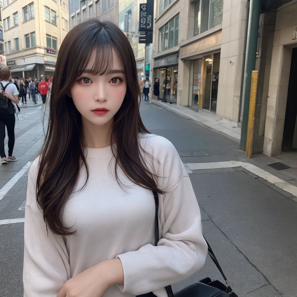 woman, (Realistic), (Hyperrealism), (photoRealistic), Depth of written boundary, eye make up:0.5, (Upper Body:1.2), (Tight waist:0.7), Watching the audience, Casual clothing, On the city streets, alone