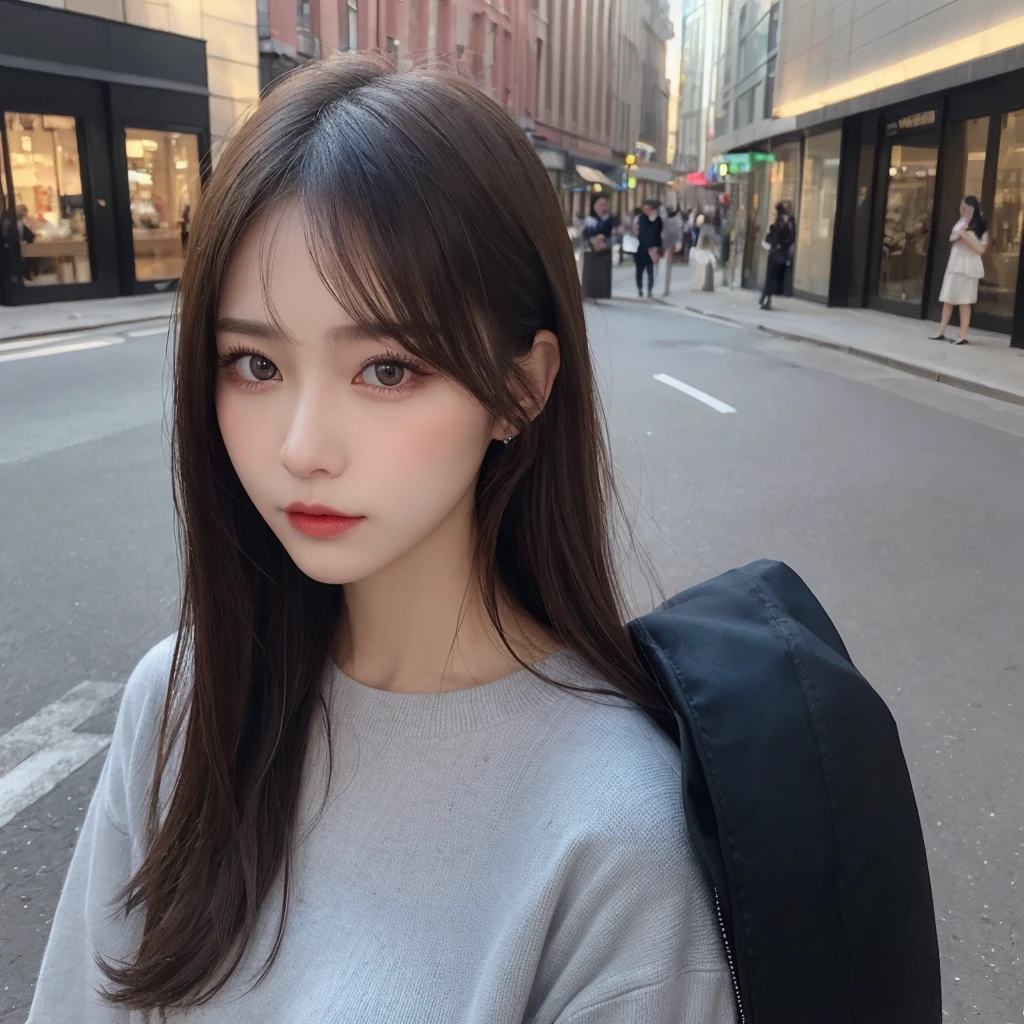 woman, (Realistic), (Hyperrealism), (photoRealistic), Depth of written boundary, eye make up:0.5, (Upper Body:1.2), (Tight waist:0.7), Watching the audience, Casual clothing, On the city streets, alone