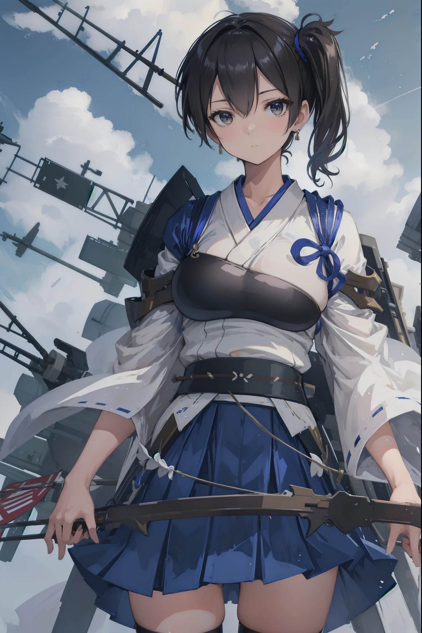 Kaga(Fleet Collection),highest quality, masterpiece, High resolution,kimono,blue skirt,side ponytail,big_breasts,