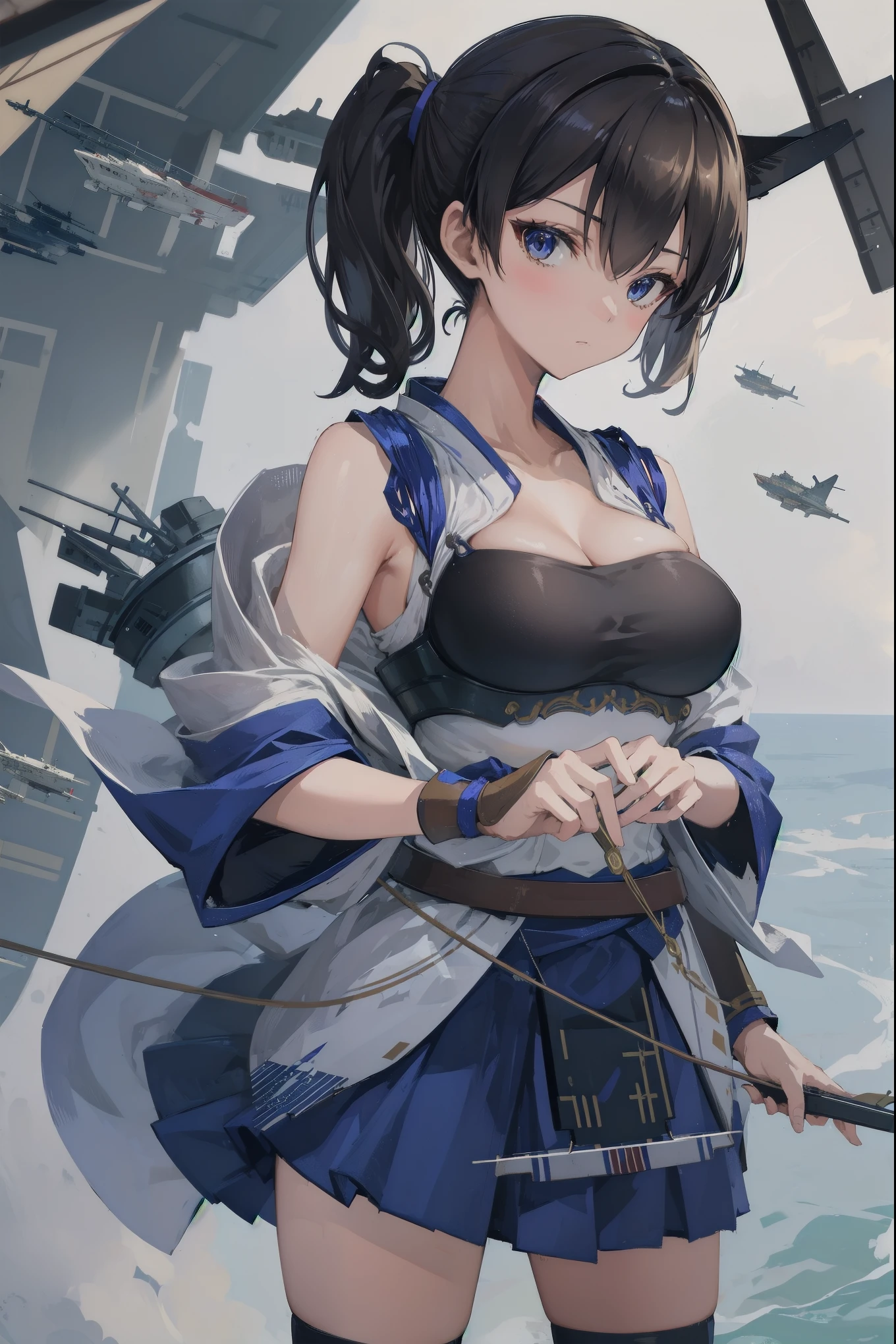 Kaga(Fleet Collection),highest quality, masterpiece, High resolution,kimono,blue skirt,side ponytail,big_breasts,