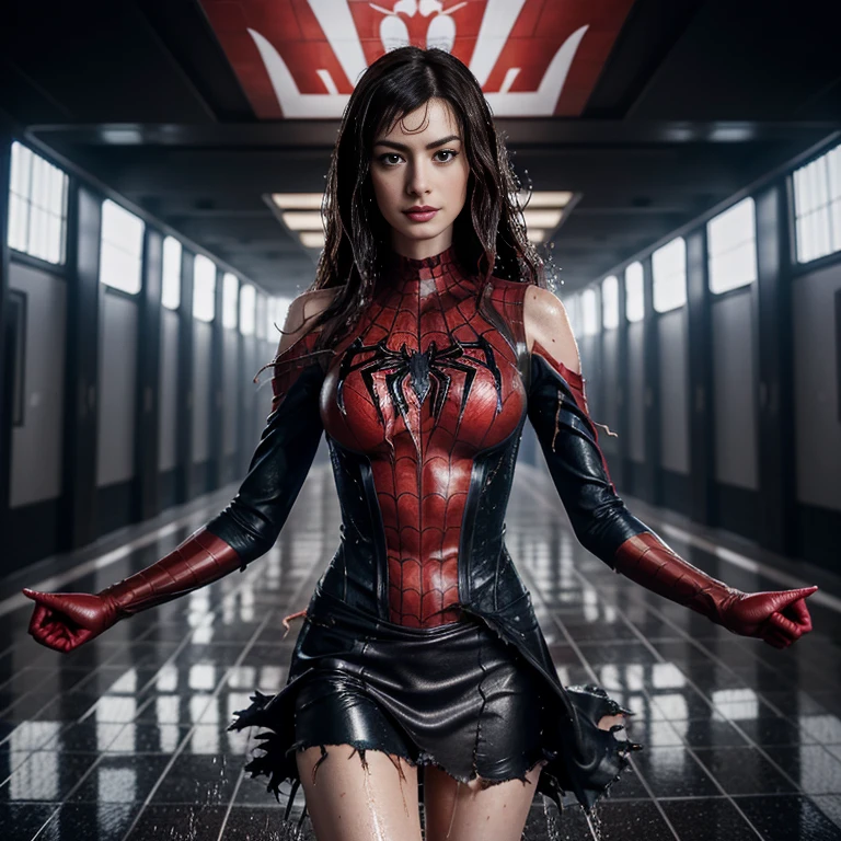 Anne Hathaway、マーベル・コミック映画のPoster, Very beautiful, Movies about Spiderman, sexy, whole body, I'm wearing a skirt、Premiere date, Poster、belly buttonを突き出す、new york、She&#39;s wearing a torn Spider-Man suit,The suit is torn、Wearing a skirt、 Red and black color scheme,dynamic、masterpiece、highest quality、Ultra-detailed、Very detailed、A delicate and beautiful shine、超A high resolution、Cinematic,Break,Breakdrop,(Torn clothes:1.5), (Wet clothes:1.4), Bare shoulders,Real Rain,Wet Hair,belly button、Exposing Skin、sexyな肩を見せてる