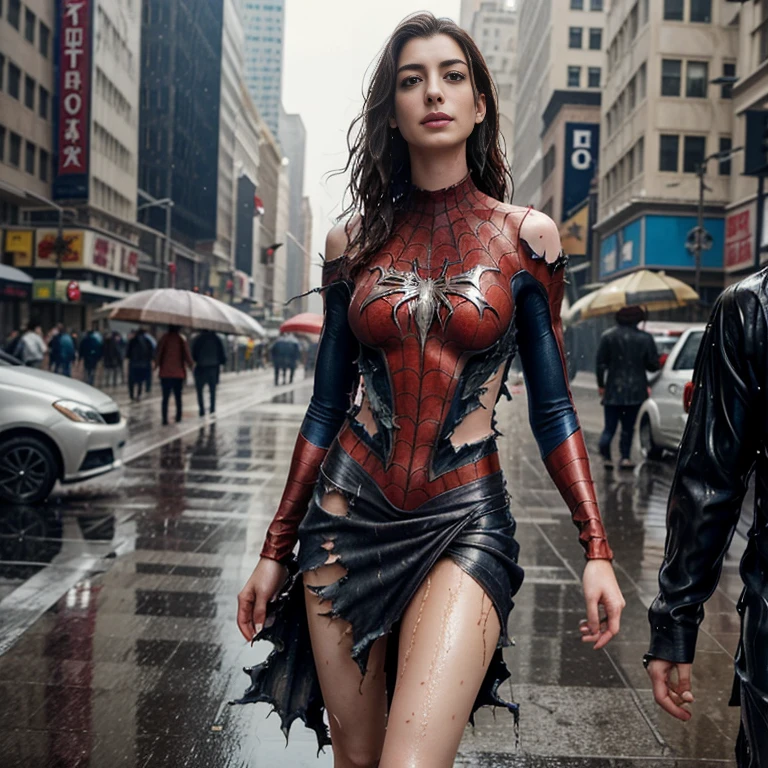 Anne Hathaway、マーベル・コミック映画のPoster, Very beautiful, Movies about Spiderman, sexy, whole body, I'm wearing a skirt、Premiere date, Poster、belly buttonを突き出す、new york、She's wearing a torn Spider-Man suit,The suit is torn、Wearing a skirt、 Red and black color scheme,dynamic、masterpiece、highest quality、Ultra-detailed、Very detailed、A delicate and beautiful shine、超A high resolution、Cinematic,Break,Breakdrop,(Torn clothes:1.5), (Wet clothes:1.4), Bare shoulders,Real Rain,Wet Hair,belly button、Exposing Skin、sexyな肩を見せてる