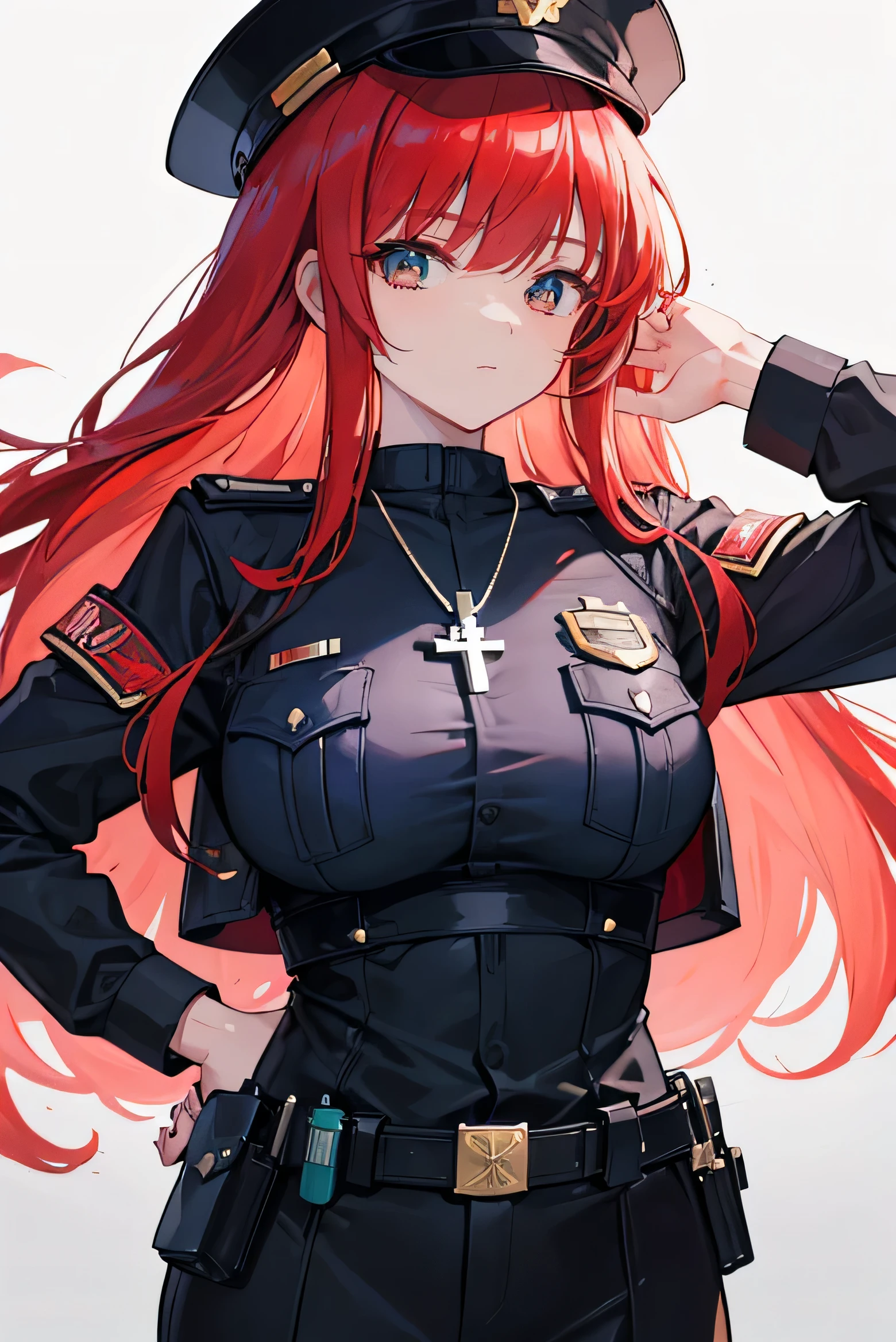 red hair, long hair, straight bangs, police officer, police uniform, woman, illustrations, high-quality, ultra-detailed, realistic, vivid colors, portraits, warm tones, soft lighting. ((Necklace with a cross))
